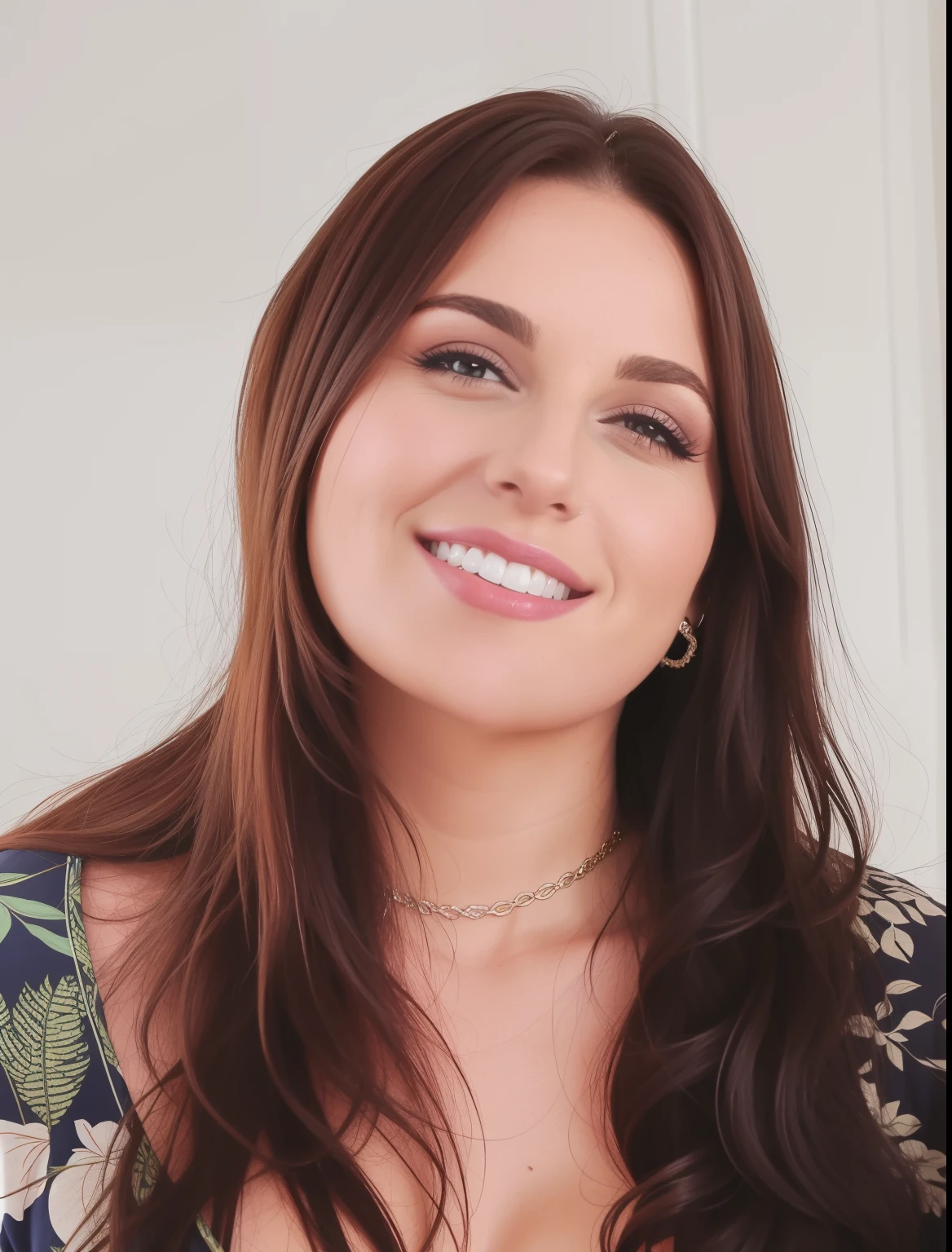 mulher sorridente com longos cabelos castanhos e um vestido floral, Mulher francesa de 30 anos, mulheres de 40 anos, modelo plus size atraente, Jovem mulher na casa dos 20 anos, head and shoulders shot, retrato suave fotografado 8k, full head shot, Um retrato de uma mulher rechonchuda, close - up studio photo, looking directly at the camera