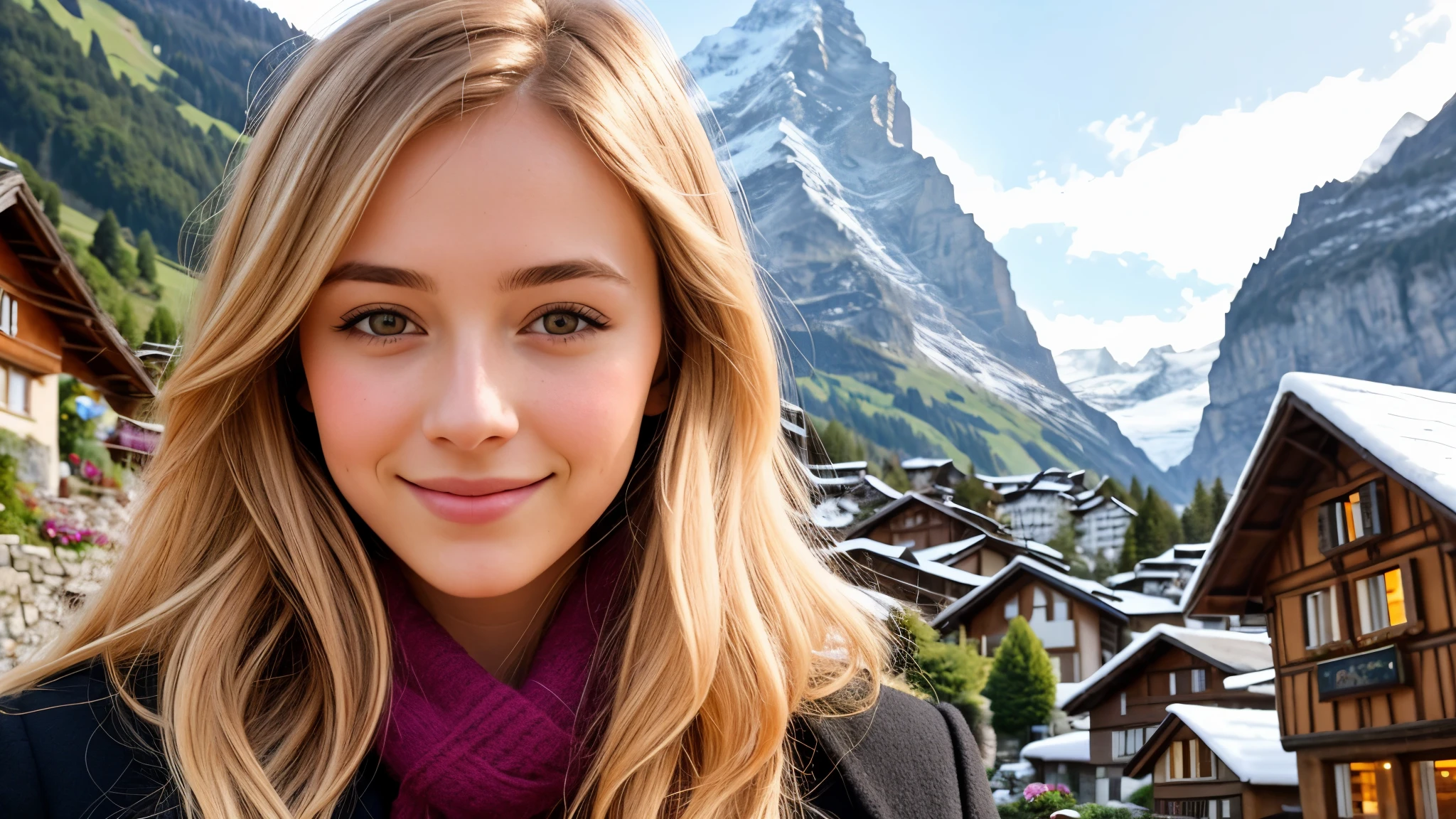 Instagram pictures, 1French Girl, Shoulder length hair, with light blonde hair, Close-up photo, coat, The background is the village of Grindelwald...., Switzerland, smile a little,
