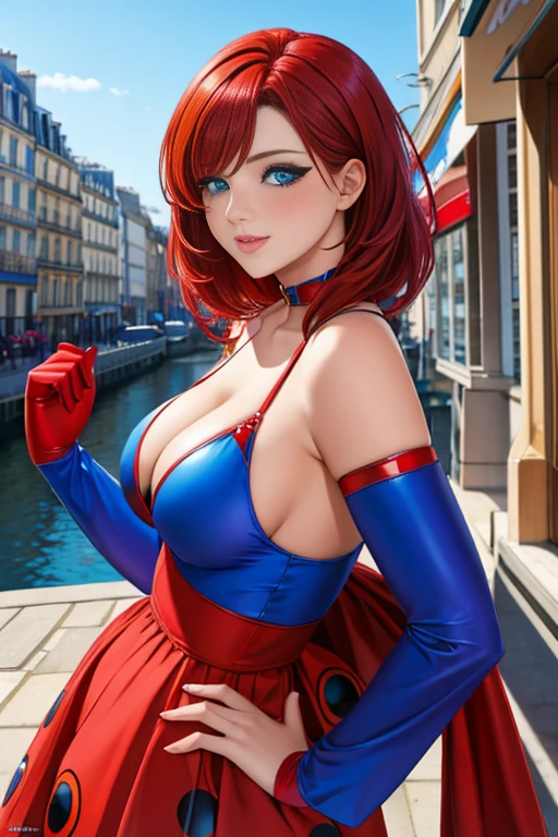 masterpiece, best quality, 1girl, red hair. blue eyes, ladybug costume, paris background 