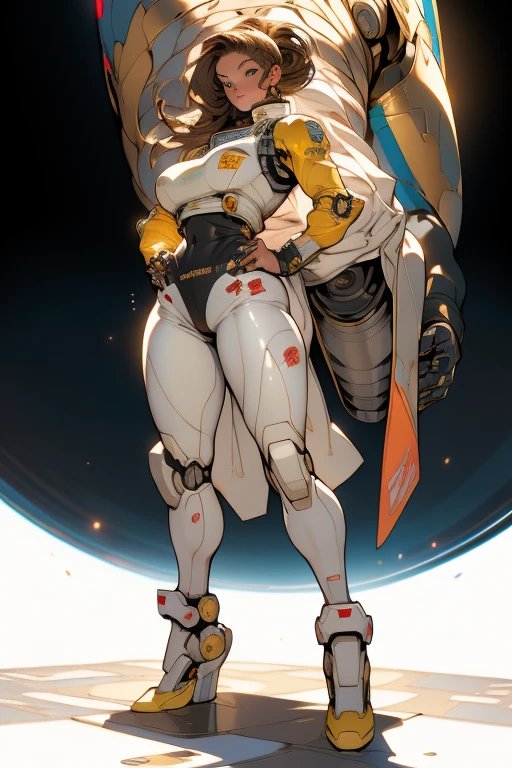 ((Best quality)), ((masterpiece)), (detailed: 1.4), (Absurd), (((full body)), (((woman))), 35-year-old woman, Beautiful muscular woman, giant robot pilot, wild with perfect body, perfect eyes, wearing little clothing, tiny thong, clothing with Japanese graphic patterns, halftone pattern and vertical stripes, yellow gold, white, coming out of the body of a giant robot