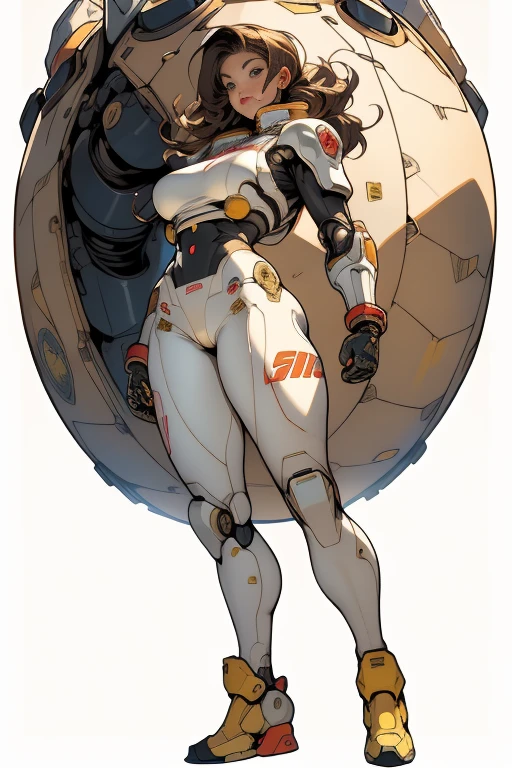 1Girl, A fierce Young battle warrior, soaring through the depths of space in her giant, skin-tight suit. Her boots grip the metal floor of her ship as she readies her jet pack for takeoff. A confident smile spreads across her face, knowing she's about to win another epic battle.