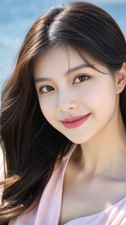 8K resolution，best picture quality，sea view，high-rise，The seaside at dusk，The sea is choppy，Backlight，fashion girl，Loose black hair，Hair up，smooth hair，feather hair accessories，There are collarbones，Beautiful fine light makeup，Exquisite and perfect facial features，The most beautiful big eyes，long eyelashes，Sweet with lying silkworms，Baby pink lip stain，earrings，Sweet smile，Wearing a light pink transparent light pink shirt，Perfectly proportioned body，Ultra-detailed background painting，dynamic angle，Ultimate picture quality，Highest accuracy. This girl is beautiful.，The eyes are bright and alert，The face is delicate，with fair and smooth skin，Warm and charming smile。Her figure is well proportioned and graceful，Dress appropriately and stylishly。In short，She is a heart-warming beautiful girl。