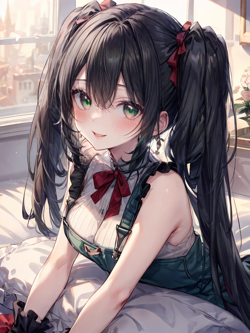 ((8K masterpiece,highest quality)), ultra high resolution, hyper detail, (1 girl), beautiful face, beautiful and delicate eyes,((green eyes)),Big eyes,shining eyes of light,Thin and long eyelashes,detailed light,((black hair)),((Bangs Patsun)),((long twintails)),big breasts,thin waist,slender body,big thighs,blush,(grinning smile),troubled face,(please open your mouth wide),black gothic lolita overalls,red pumps,red earrings,Rose,Ribbon hair fastening,bed,cute,((Monotone room)),Kinky beauty,Danmei,Inside the castle,Princess,(((Lie down with your arms as pillows))),lure,provocation,motion blur,Depth of written boundary,spectacular panoramic view,Angle from the side