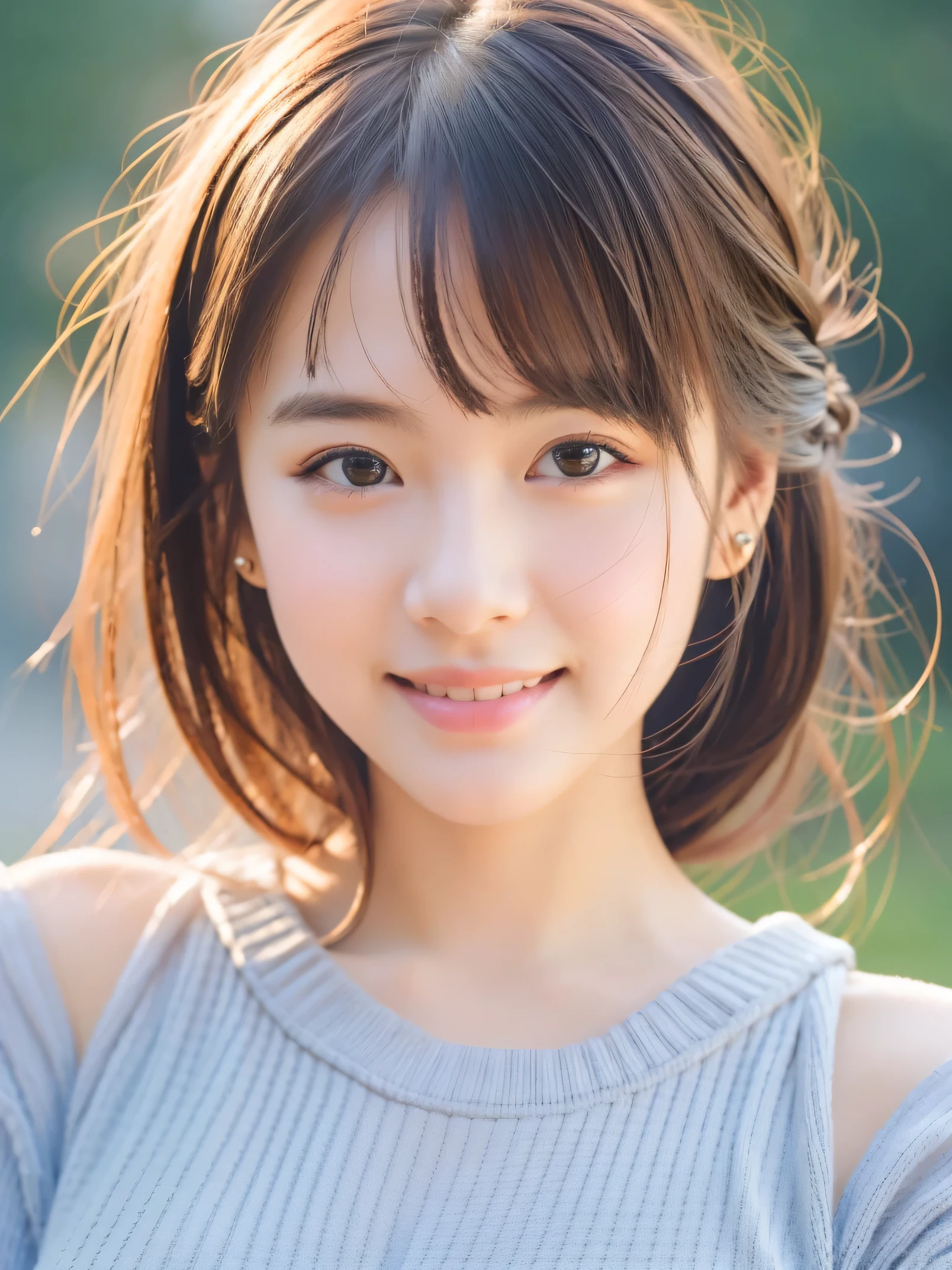 masterpiece, highest quality, RAW photo, realistic, smile, beautiful girl, cute, delicate girl, hair up, written boundary depth, High resolution, Super detailed, detailed, 非常にdetailedな目と顔, realistic student, sharp focus, cinematic lighting, Upper body, bangs, knit sweater,