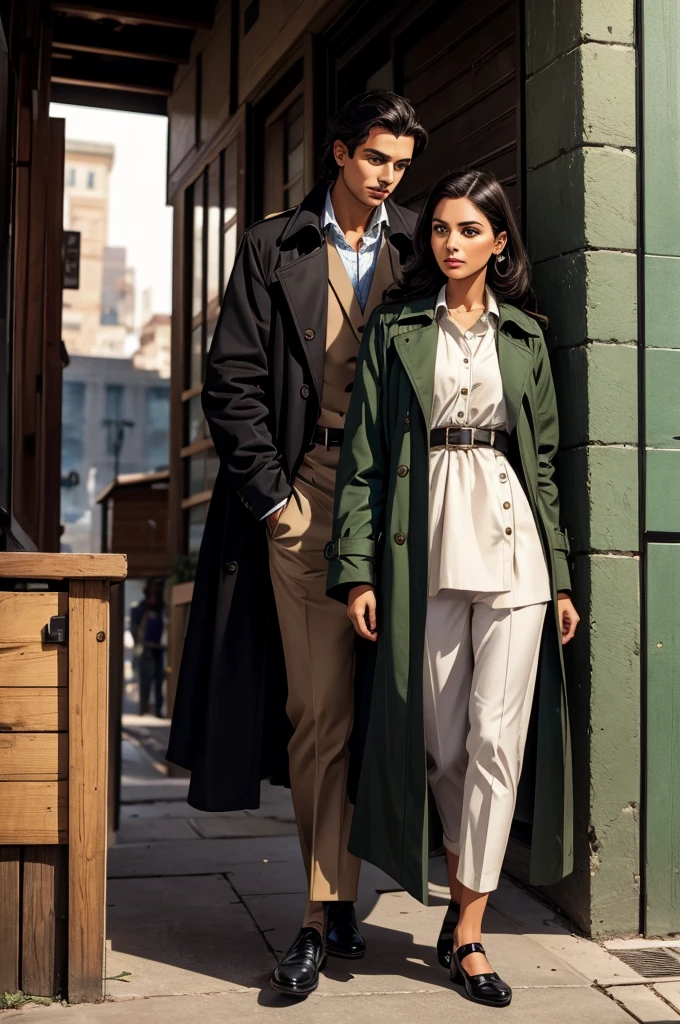 female, 5 foot 5 inches tall, slim body build, waist length wavy brunette to black hair, bright green eyes, 28 age, ethnicity india, ethnicity middle eastern, buttoned up black trench coat from the 1930's style. 