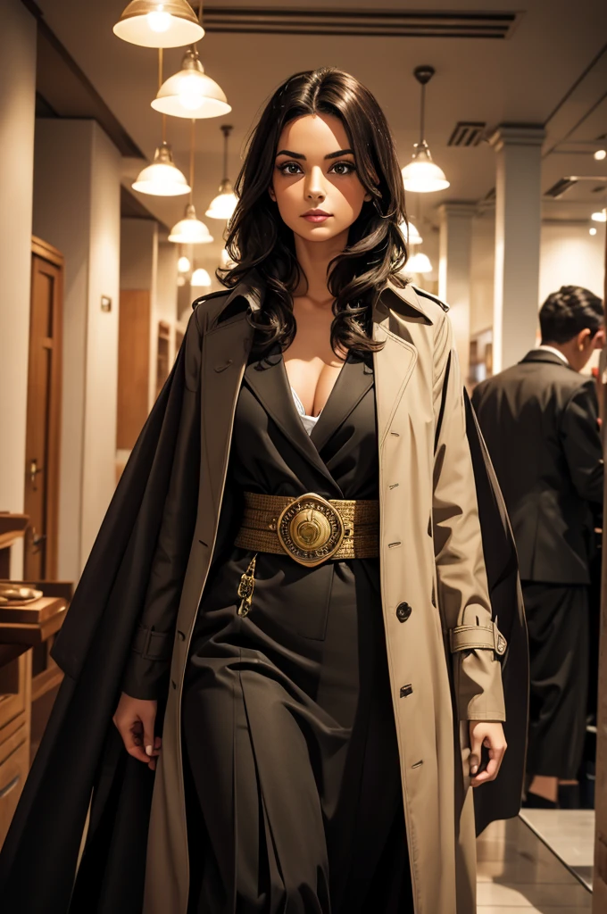 female, 5 foot 5 inches tall, slim body build, waist length wavy brunette to black hair, bright green eyes, 28 age, ethnicity india, ethnicity middle eastern, buttoned up black trench coat from the 1930's style. 