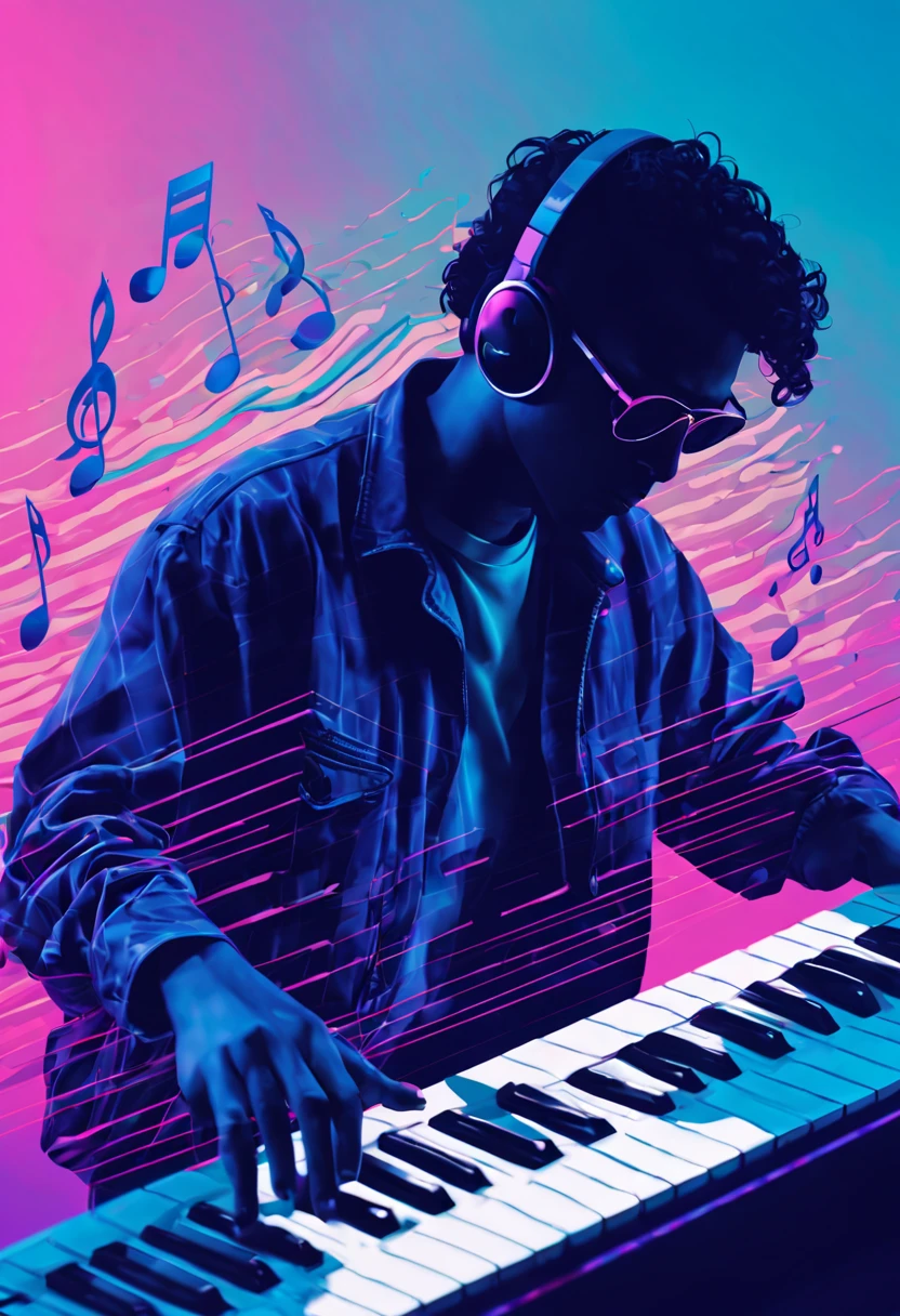 Vaporwave Aesthetic style, lines and lines,silhouette of several musical notes suspended in the air, an eighties DJ and his poineer dj set, vintage, magic, retro-futuristic, zentangle,