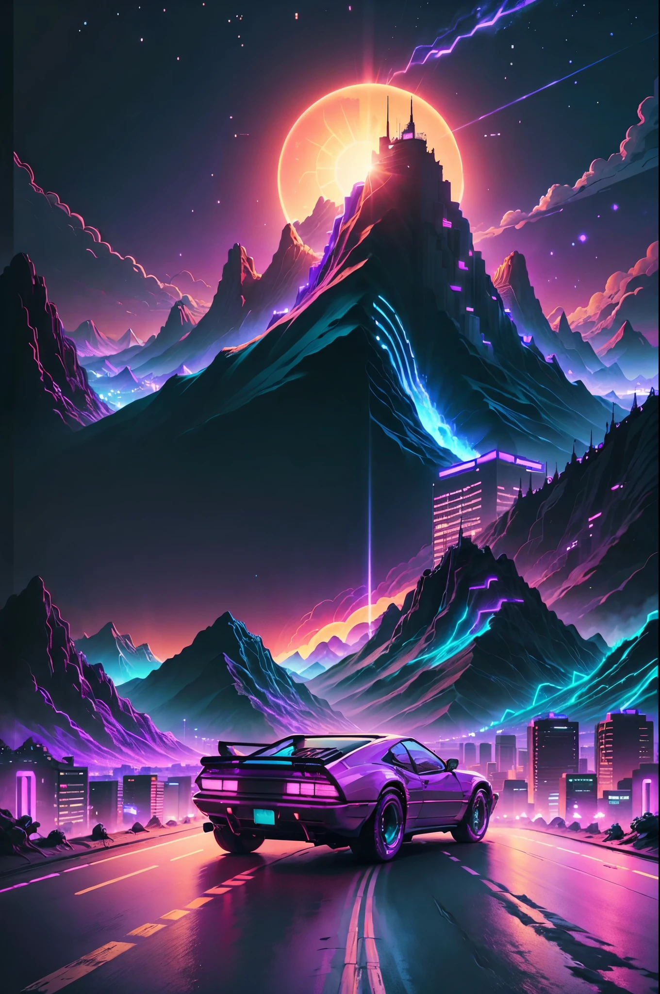 retrowave. city, car, road,  purple neon lights, sun, mountain,Vaporwave Aesthetic,
(masterpiece,detailed,highres),