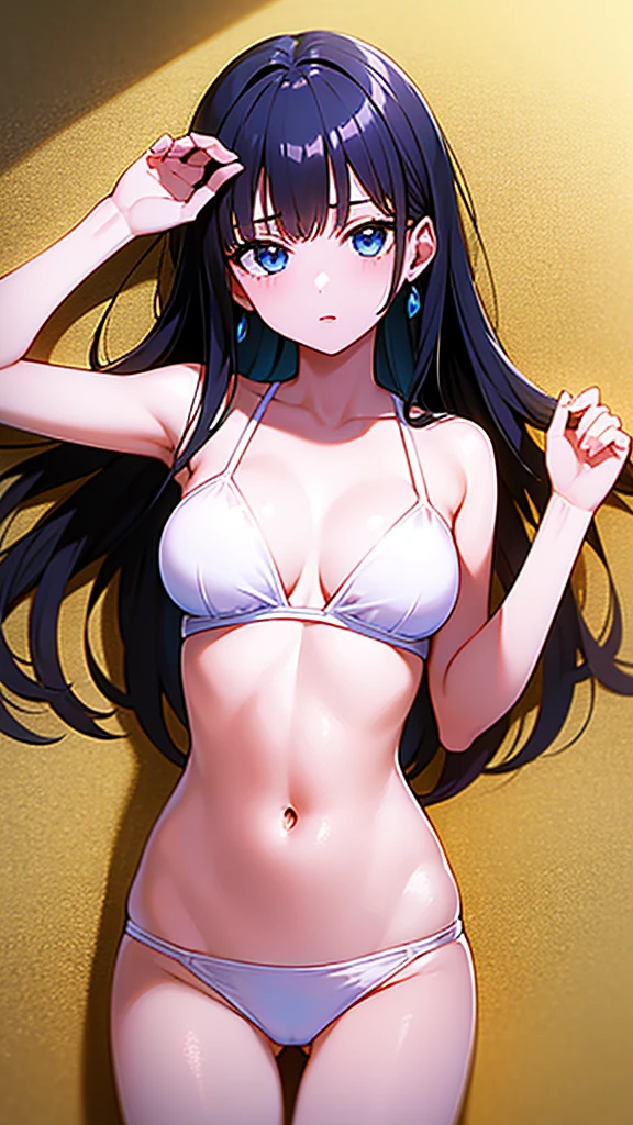 masterpiece, best quality, 1 solo girl, dark blue hair, blue eyes, wavy hair, long hair, medium breasts, mature body and face, white bikini, jewelry, hair ornament, earrings, ball, lying at the sand, white sand, summer, cowboy shots, sexy pose, dakimakura, detailed body, face, and eyes, sharp focus, vibrant, creative, dynamic, high definition, high resolution, 8k, (Upscale: R-ESRGAN 4x+ Anime6B), (Image enchance:4x), voluptuous body, summer girl,