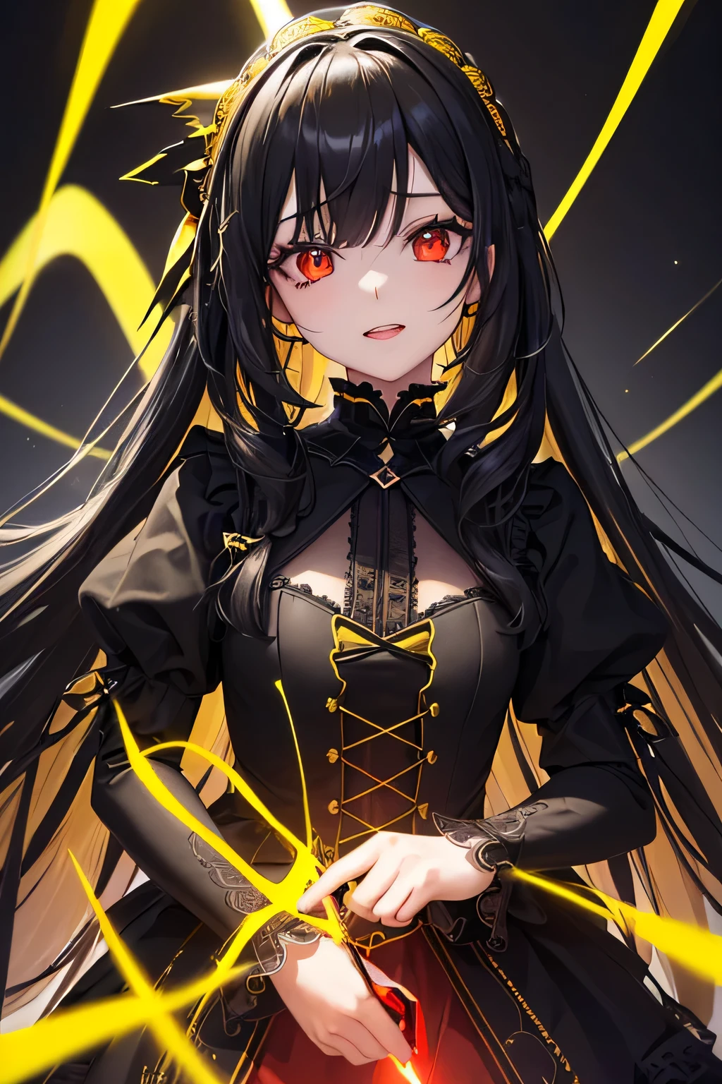 1 girl,Depp's Sense,confused,catch light,Super beautiful illustration,(yellow,electric lightning),((black color,long hairstyles:1.3)),dark dark eyeshadow,bright red lipstick,Gothic Lolita,;d,beautiful and delicate hair,(((delicate and detailed red eyes))),yellowく輝く光の効果,Lightning has