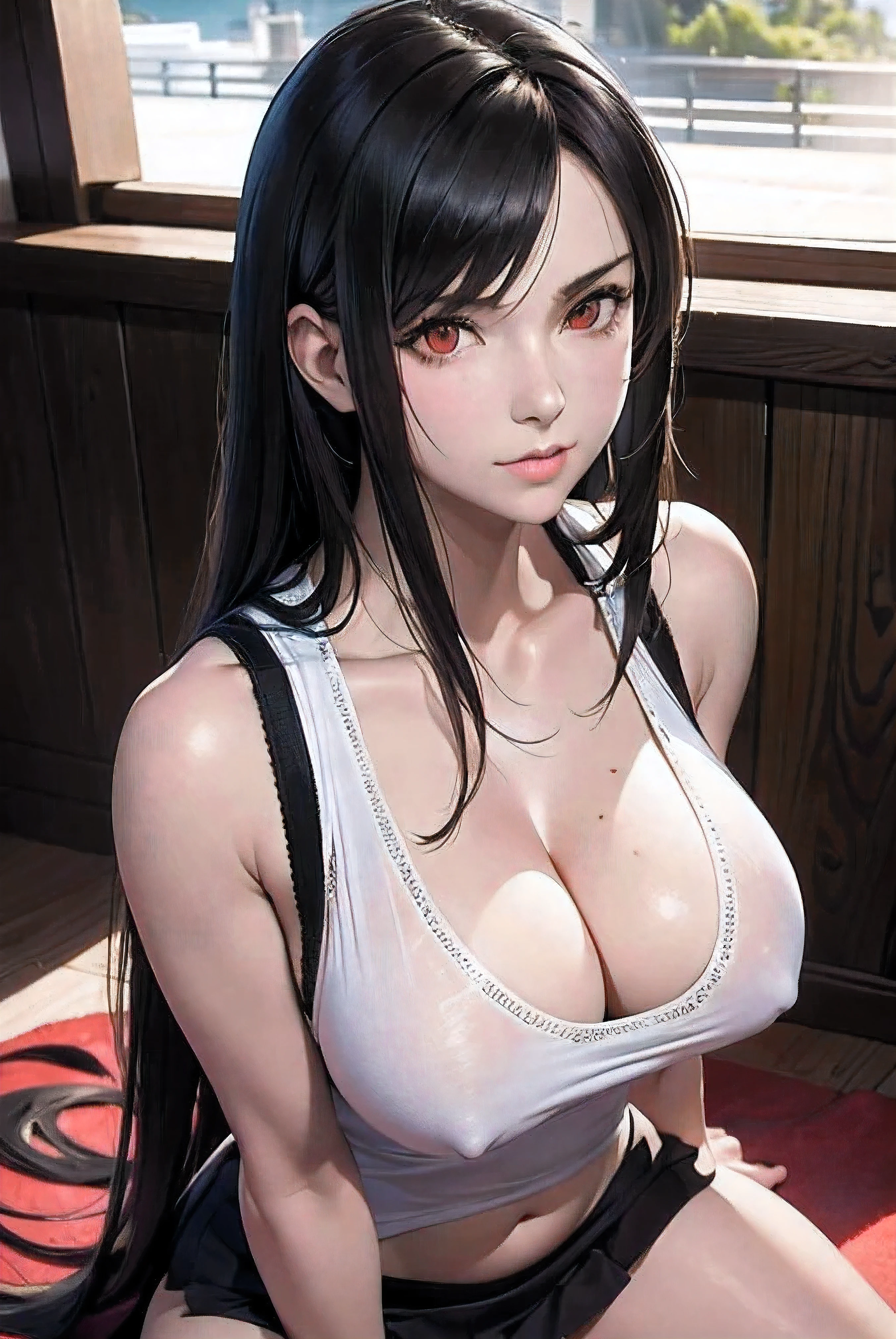 NSFW, white tank top with black trim and black skirt, black long hair, the girl has really red eyes, tifa lockhart, The girl is , beautiful skin, realistic anime, anime realism style, Output in 8K, highest quality,Natural light, professional lighting, shiny skin, silky skin, lay tracing, moon castle, Cyberbank,paradise of the sea