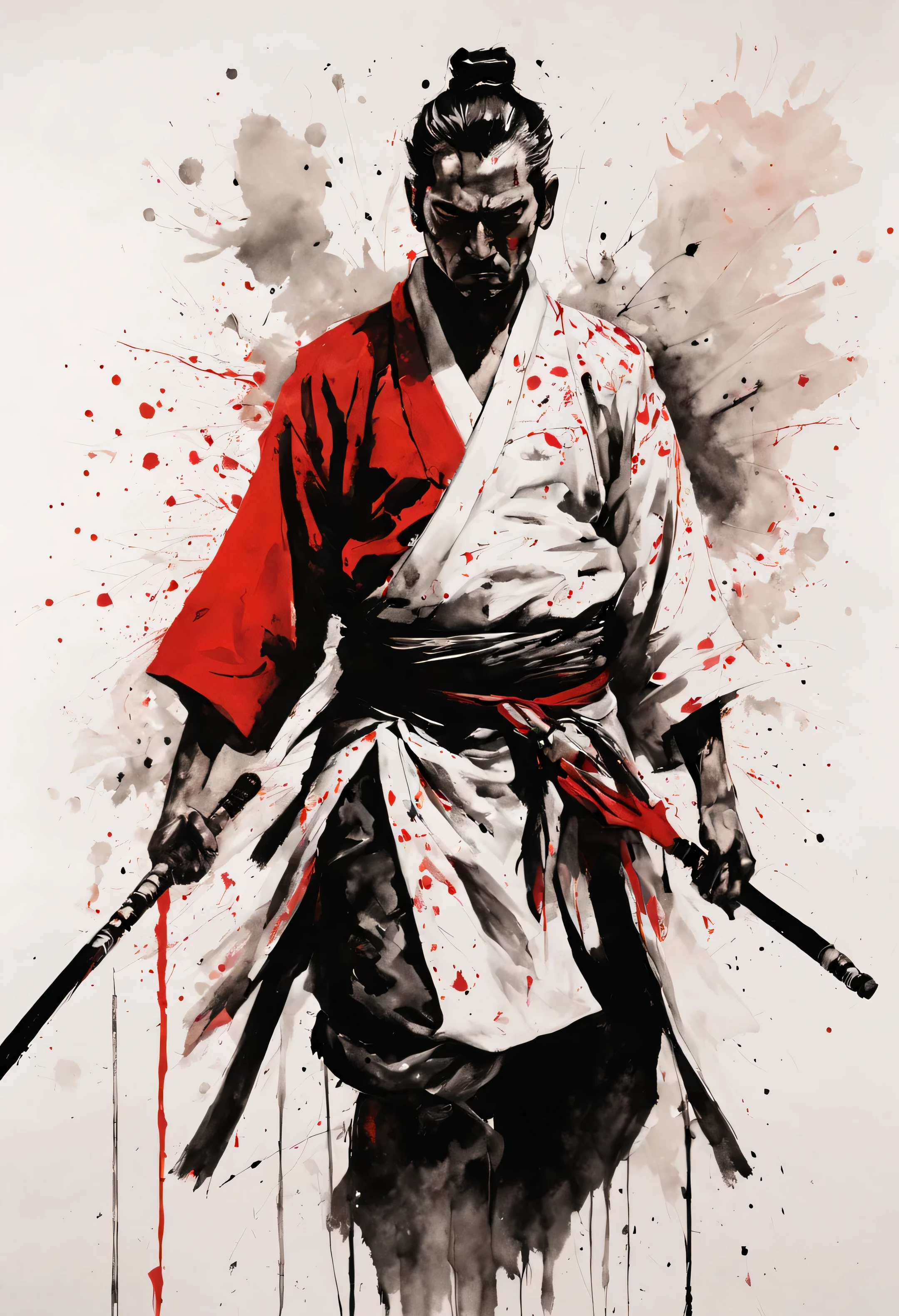 Samurai with ink on white wall, indian ink painting style, black and red, Gabrielle Dyer&#39;High, expression of human form, traditional clothing, ink splatter