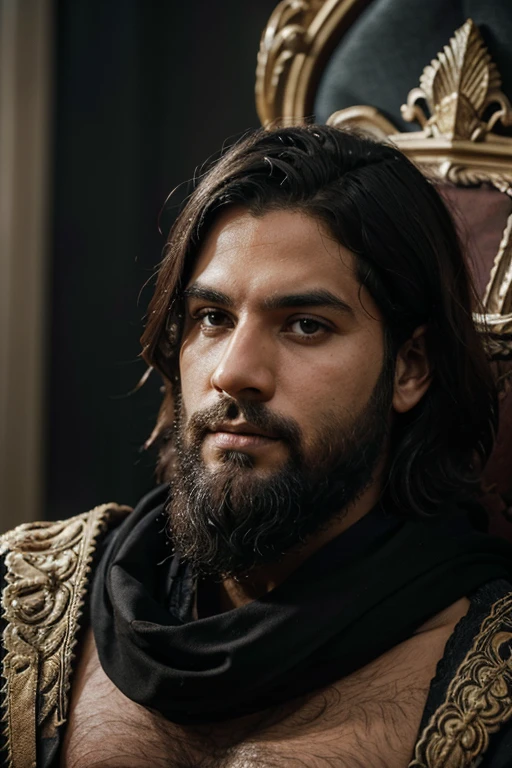Retrato do rei Ezequias de barba com cabelo preto e rosto bonito, Throne of the Royal Palace, perfect composition, hiperrealista, super detalhado, 8k, alta qualidade, Trend art, trending on art station, sharp focus, studio photo, detalhes intrincados, altamente detalhado ,