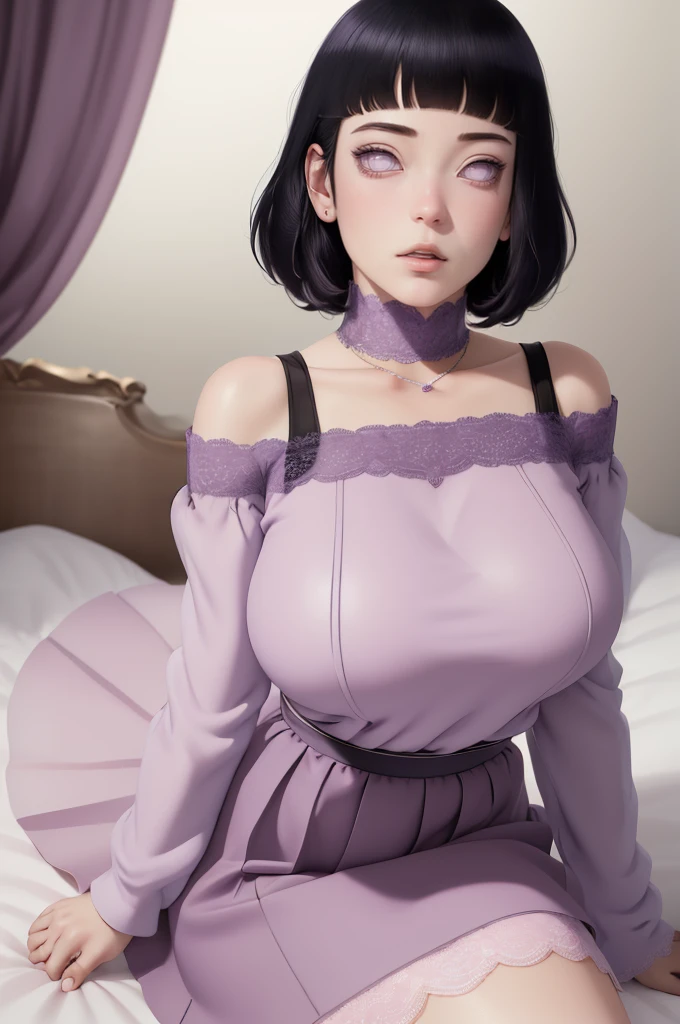 (masterpiece) (huge titusty, masterpiece, absurdres, hinata\(boruto\), 1girl, solo,mature female, off-shoulder bra, high waist short skirt, looking at viewelling petals), perfect composition, detailed lips, big breast, beautiful face, body propotion, blush, (pink lips), short hair, (black hair), purple eyes, soft gaze, super realistic, detailed, photoshoot, realistic face and body, closed mouth, laying on the bed , lilac eyes, full body, lace clothes, 