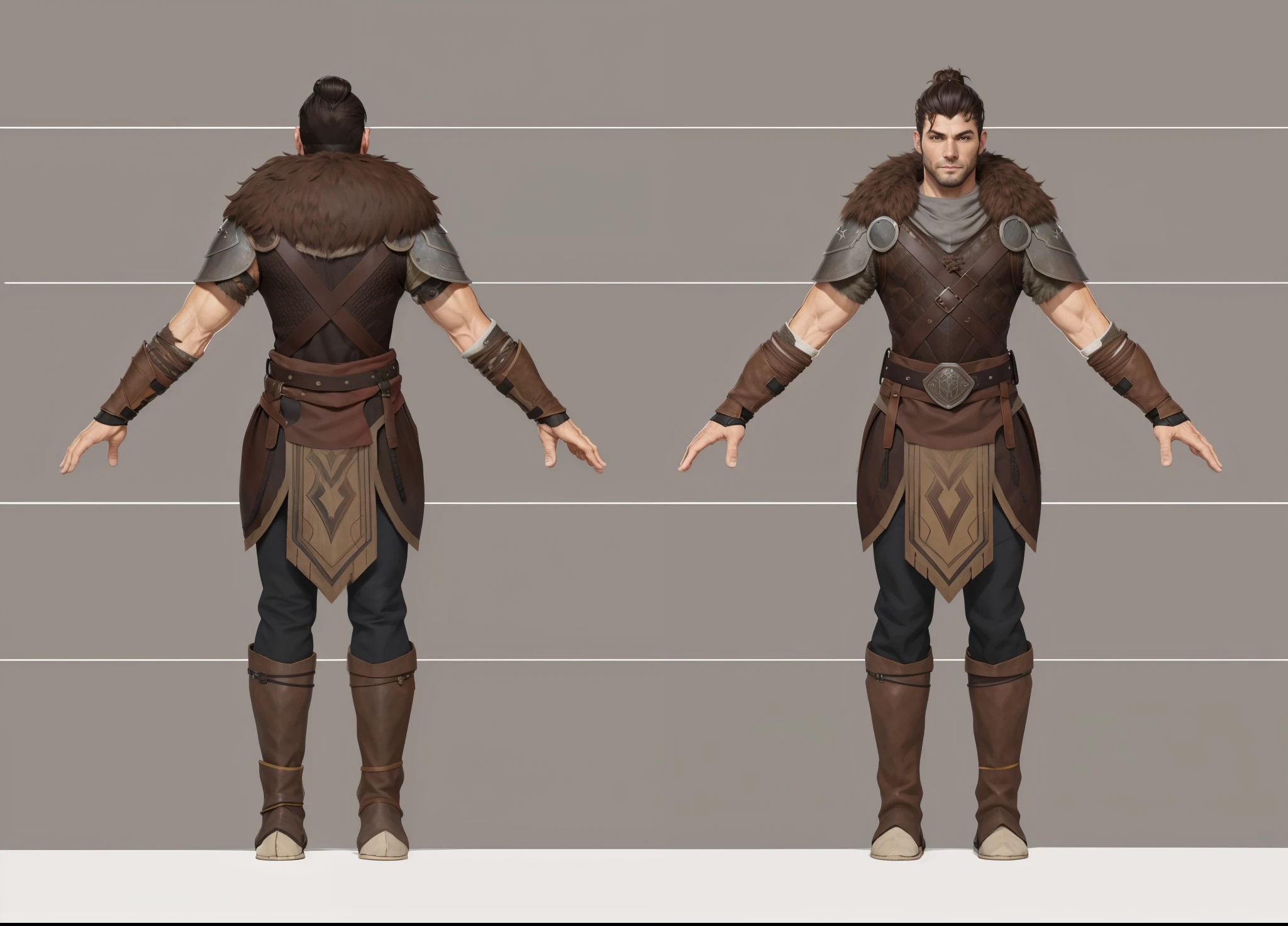 ( Realistic:1.33),(masterpiece:1.1),(highest quality:1.1),(HDR:1) a close up of a man with slickback with bun hair , full body concept, detailed full body concept, medieval style character, full body character concept, new costume concept design, full body details, detailed full body concept art, full character body, character model sheet turnaround, fullbody shot turnaround, concept character sheet, full body concept art, reference model sheet , full body concept art, hunter medieval style character, game character design, concept character, full body character concept art, 3d character reference sheet, male, video game character concept, detailed character design, character sheet, character model sheet turnaround , front and back, front and back, medieval wood armor, brown costume, ragged loincloth, ( brown fur), (Medieval glove), blown sleeve, waist leather armor, brown Shoulder Armor, grey clean background, 3D character