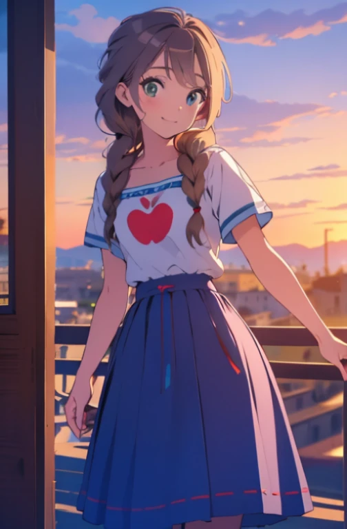 (realista: 1.4), mejor calidad, ultra-high-resolution, 4k ,  Detalles intrincados , Altamente detallado, A 15 year-old girl , very light brown hair with braid , Cabello largo , todo muy detallado , Sonriente  , alto contraste  ,  Background flowers falling behind her , HDR , cinematographic image , senos medianos , linda sonrisa , maquillaje ,ojos verdes , pasillo de escuela , posando para foto , peinado con copete  , trenza grande , foto de cuerpo completo , viste camiseta amarilla , falda azul , escolar , alegre , modelo adolesente , mirando al espectador , cuerpo completo