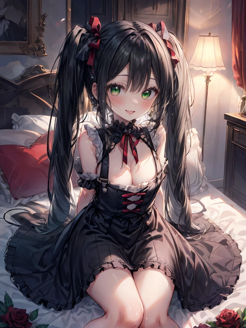 ((8K masterpiece,highest quality)), ultra high resolution, hyper detail, (1 girl), beautiful face, beautiful and delicate eyes,((green eyes)),Big eyes,shining eyes of light,Thin and long eyelashes,detailed light,((black hair)),((Bangs Patsun)),((long twintails)),big breasts,thin waist,slender body,big thighs,blush,(grinning smile),troubled face,(please open your mouth wide),black gothic ta overalls,red pumps,red earrings,Rose,Ribbon hair fastening,bed,cute,((Monotone room)),Kinky beauty,Danmei,Inside the castle,Princess,(((Lie down with your arms as pillows))),lure,provocation,motion blur,Depth of written boundary,spectacular panoramic view,angle from below