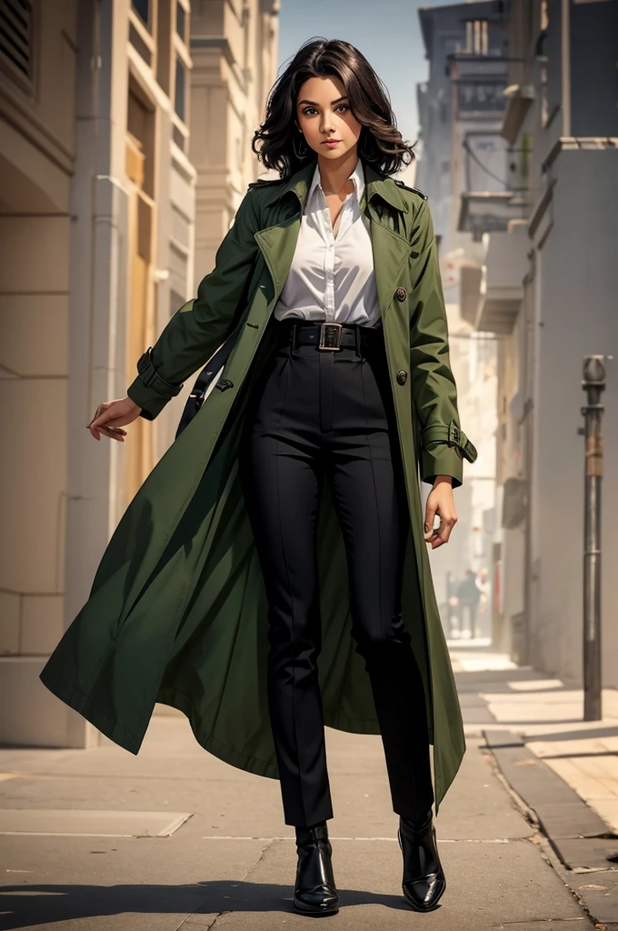 female wearing a buttoned up black trench coat from the 1930's style, 5 foot 5 inches tall, slim body build, waist length wavy brunette to black hair, bright green eyes, 28 age, ethnicity india, ethnicity middle eastern.