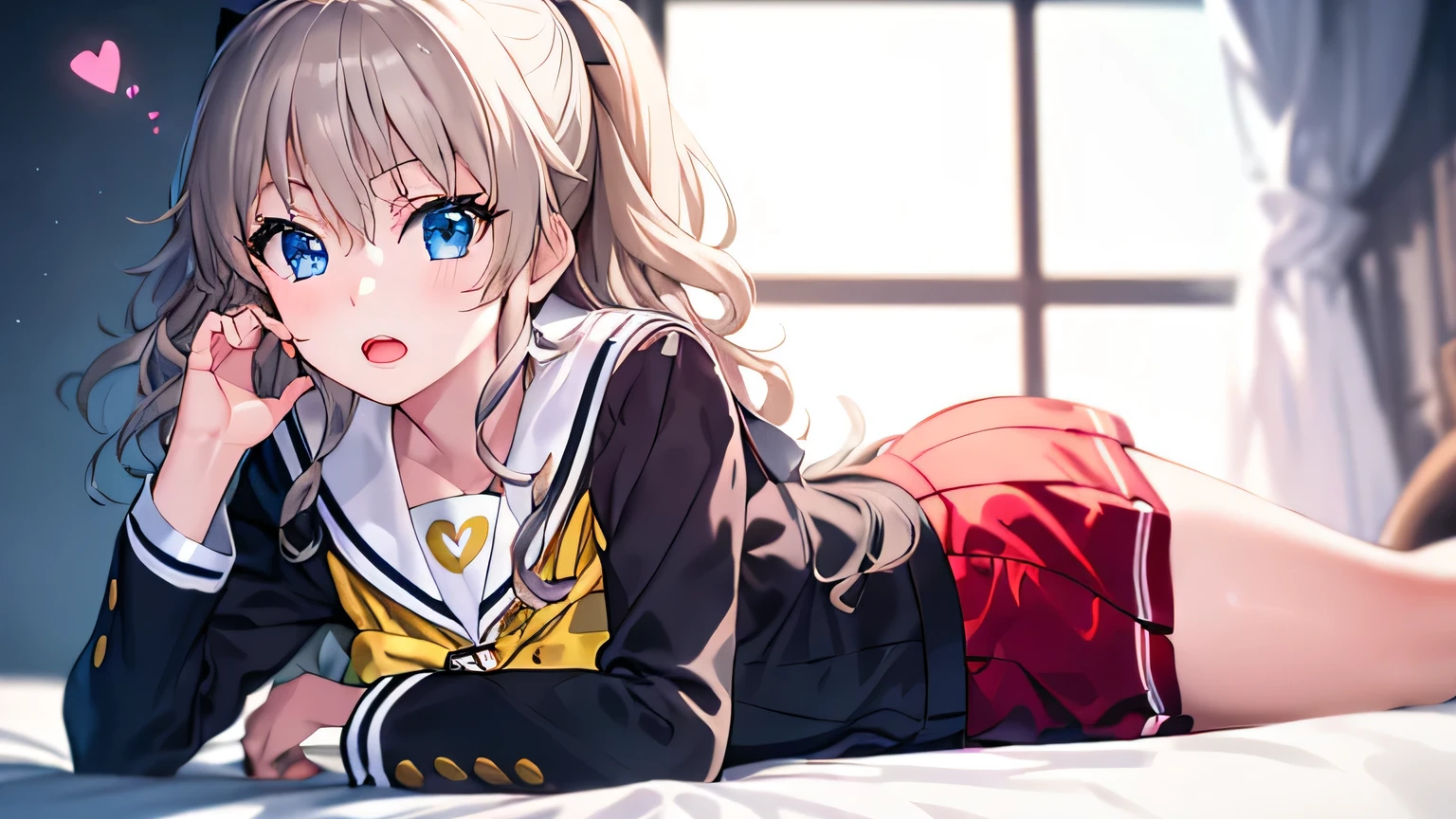 young woman, Tomory alone, with wavy hair, lying on back picture, whole body, (Heart: 1.2), wear a red school uniform, open mouth, (talking Heart: 1.4), (Best quality, 4K, a high resolution, masterpiece: 1.2), ultra detailed, Realistic: 1.37, portraits, bright colors, soft lighting, Beautiful detailed eyes and lips, abstract colorful background.