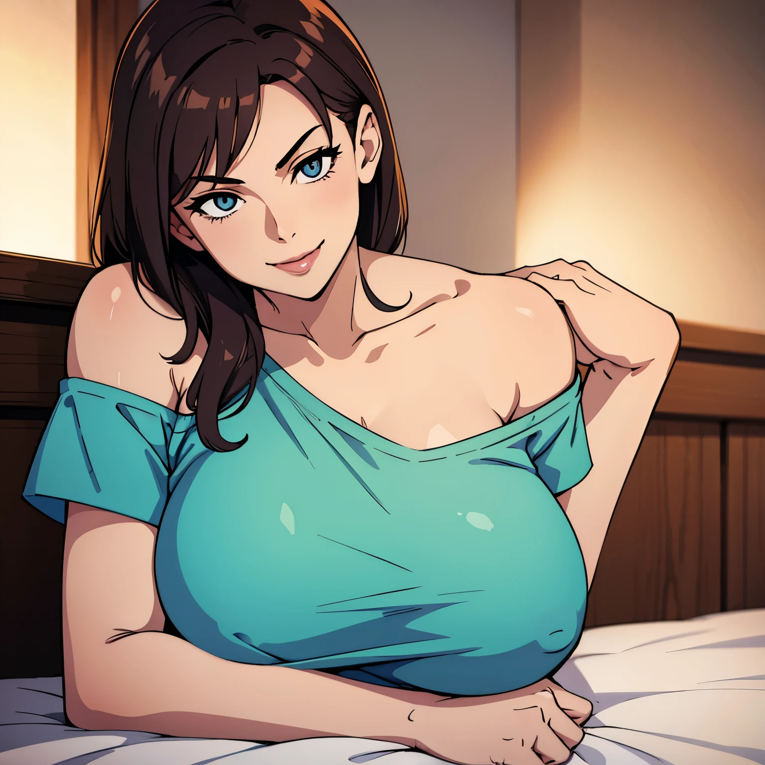 Hot MILF, wearing oversized t shirt, bare shoulder, seductive gaze and smile, inviting onto bed