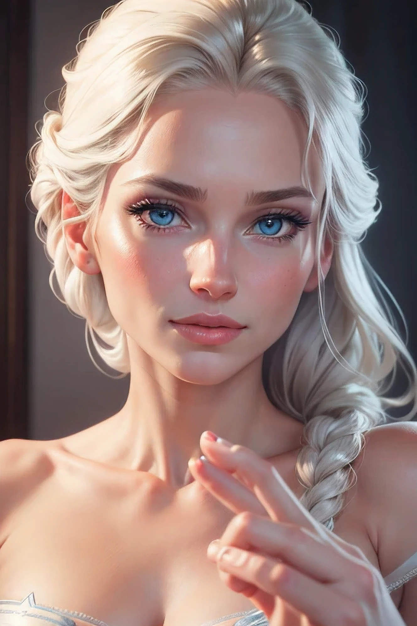 realistic elsa, in the bedroom, 8k resolution, (best quality: 1.1), (anatomically correct: 1.1), (perfect hand: 1.1 ), ( (Facial Detail: 1.3)), (Skin Detail), (Perfect Eyes), (Perfect Nose), (perfect hand fingers)