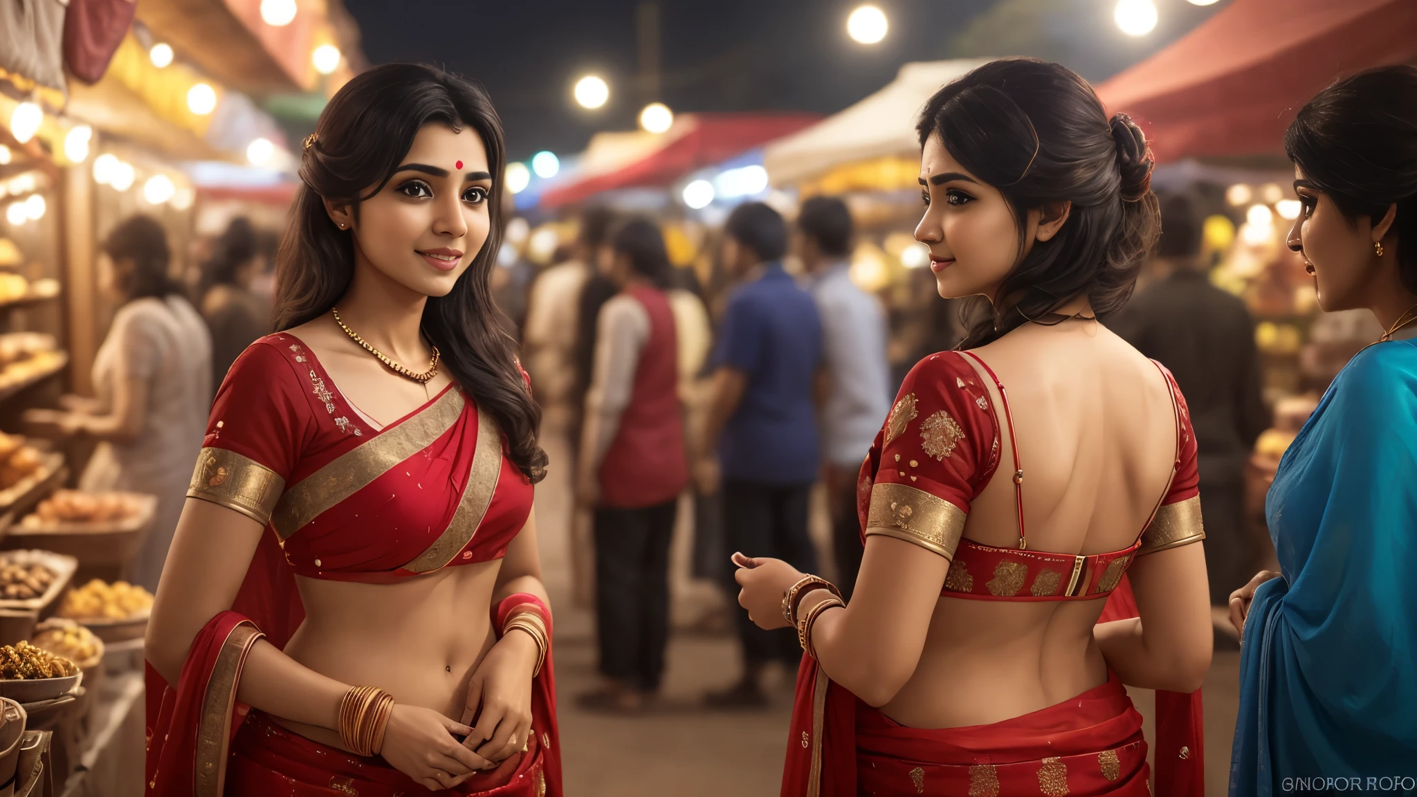 (Frontview:1.5),(longshot:1.5),24-28 Years Old bollywood indian female fashion mode,bob hair style,brown skin,dressed Sari,Happy expression on face,at the night market,backlight, extremely realistic, 8k, insane details, intricate details, cinematic color graded,Color Grading, Editorial Photography, Photography,sharp focus, taken with a 60mm lens, ISO 300, f/4, 1/200th
