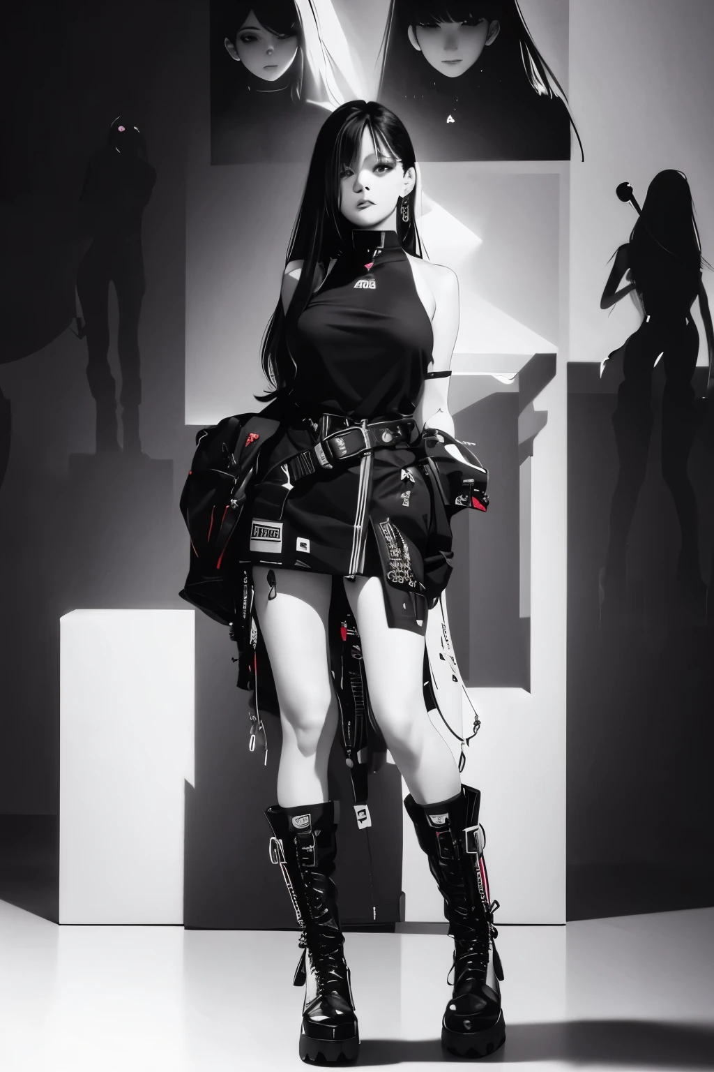 black and white (masterpiece, top quality, best quality, official art, beautiful and aesthetic:1.2), tricky cyberpunk black rabbit designed boot-top graphics on the front of each boot (1girl:1.3), heterochromia, SharpEyess ,from below, gear,white background, full-body_portrait, white tops and black mini skirt, wearing black boots,SharpEyess