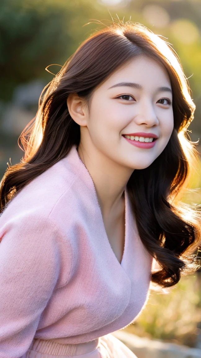 Beautiful beautiful girl，Soft，Perfectly proportioned face，blush，laughing out loud，Exquisite facial features，Sweet smile，exquisite eyes，Delicate eyelashes, beautiful eyes, sweet with silkworms，，delicate skin，，A pink wool skirt，dynamic action，outdoor，dusk