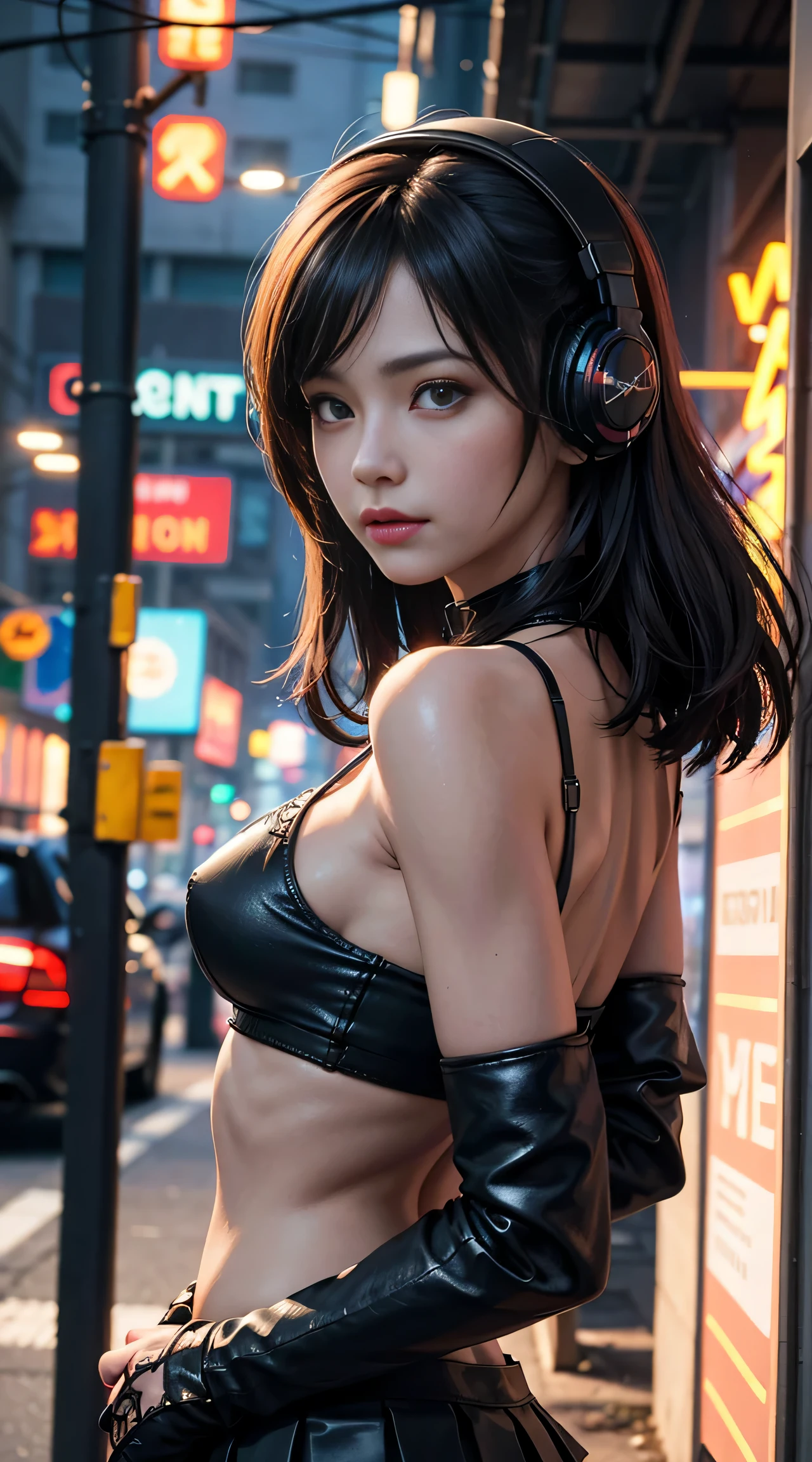 sfw, best quality, realistic, photorealistic, award-winning illustration, (intricate details:1.2), (delicate detailed), (intricate details), (cinematic light, best quality Backlights), clear line, sharp focus, official art, unity 8k wallpaper, absurdres, incredibly absurdres, huge filesize, ultra- (in_main_street:1.21), (neon lamp),fantasy art, rtx,((award winning studio closeup photo of a triangle)), 1girl,Incredibly beautiful,(closed mouth),small breasts,((Cyberpunk city Street, Battle Maiden,Katana, robot arm)),beautiful detailed eyes,Perfect Face,(Cyberpunk blouse, leather jacket, Martin boots),(headphones_around_neck),(headphones_around_hair),((pleated skirt)), ((Supermodel Pose)), wearing bra,((skinny waist)), young asian girl, ((big )),