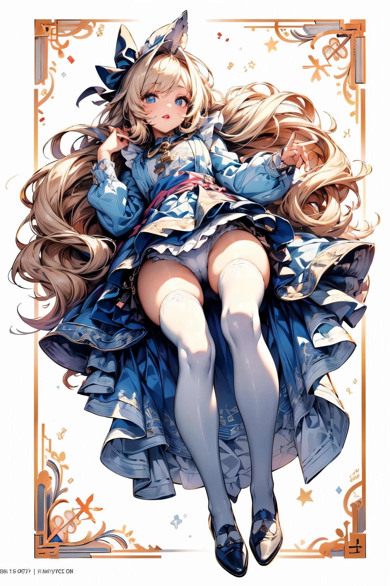 (master piece, high-quality, Mystical, Beautifully Aesthetic, ideal ratio of body proportions, image art, Impresionism), (ultra high resolution, 8K RAW photo, photo realistics, natural lighting, textile shading), (1 cute girl:1.3, solo:1.5, milf:1.1, nsfw:1.25, full bodiEsbian), (Fractal), shinny skin, BRAKE, ((alice in the wonderland:1.3, a girl falling down in air:2.0, surprising, little opening mouth:1.3, putting hands on crotch over the skirt:1.35)), ((PlayingCards, Trump, tea cup, tea pot, tea spoons, pocket watch:1.3, big mirror, lip sticks, candies:1.2, cookies, jam bottles, keys)), cuty anime white rabbit, ((NavyBlue dress :1.5, a fluttering flair skirt, White Apron, white stockings)), (medium long platinum-blonde, tied hair with a ribbon), (Blue eyes, bright pupils with highlights, detailed eyes), (lying down on your back:1.2, leaning forward:1.2, spreading legs with rising up:1.3), ((dutch angle:1.5, full body:1.3, hip focus, from below:1.5)), cinema image board, Exotic wallpapers, colorful image, fantastic art, fantasy images:1.5, ((correct anatomy:1.5, perfect anatomy:1.3, correct hand)),