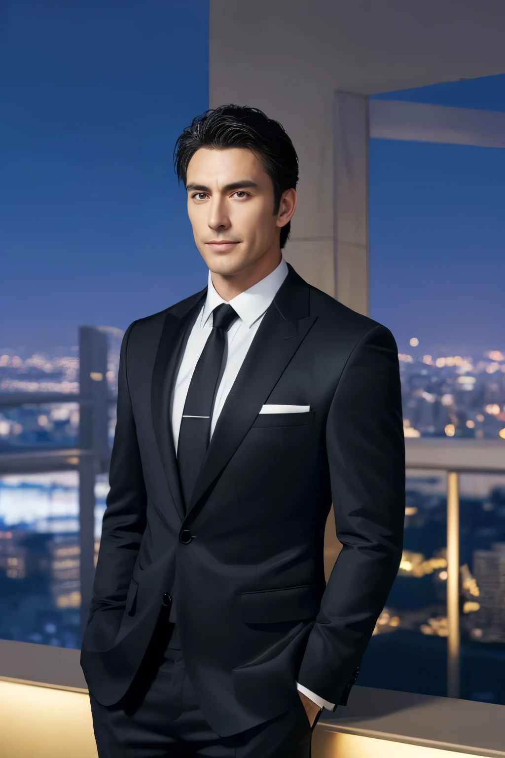 (absurderes, hight resolution, ultra-detailliert, Realistic, ), 1 male, Solo, , Mature, tall muscular man, broad shoulders, Handsome, Very short hair, Black hair, Brown eyes, angular jaw, thick neck, Thick eyebrows, Night, Dark, the Night view of the city background, formal suit, neck tie, Upper body、half smile、