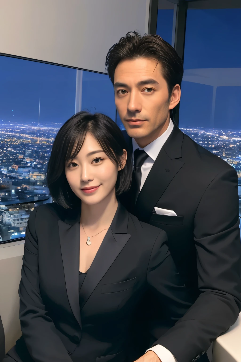 (absurderes, hight resolution, ultra-detailliert, Realistic, ), 1 male, Solo, , Mature, tall muscular man, broad shoulders, Handsome, Very short hair, Black hair, Brown eyes, angular jaw, thick neck, Thick eyebrows, Night, Dark, the Night view of the city background, formal suit, neck tie, Upper body、half smile、