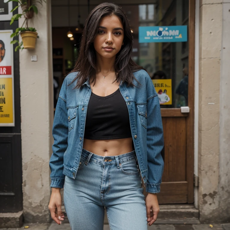 Modelo brasileira, friendly about 20 years, sorrir, academia, coffee shop, Outside, Rua, Rua outfit, roupas casuais chuva, cabelo molhado, guarda chuva, water, nuvem, nublado, Denim Jeans Pants, spontaneous black jacket, andando pela rua, passeando 