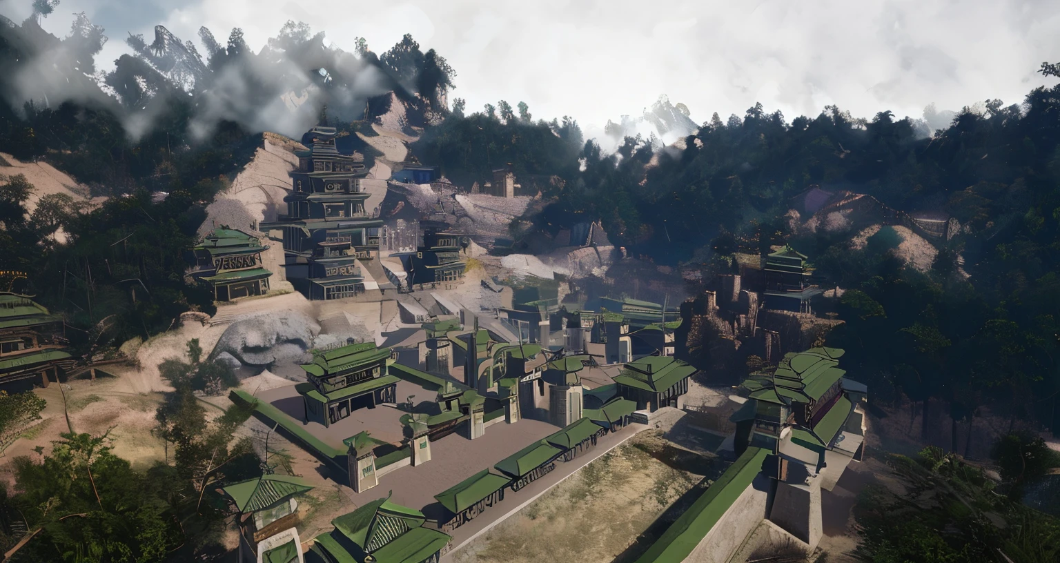 There is a large green building halfway up the mountain, Beautiful rendering of the Tang Dynasty, village ， Unreal Engine, ancient city landscape, ancient city, The massive and structured city of Valhalla, Sci-Fi Mongolian Village, china village, panorama of crooked ancient city, Old marble city, , Three Kingdoms of China, Highly detailed environment, 赛博朋克中国ancient city堡