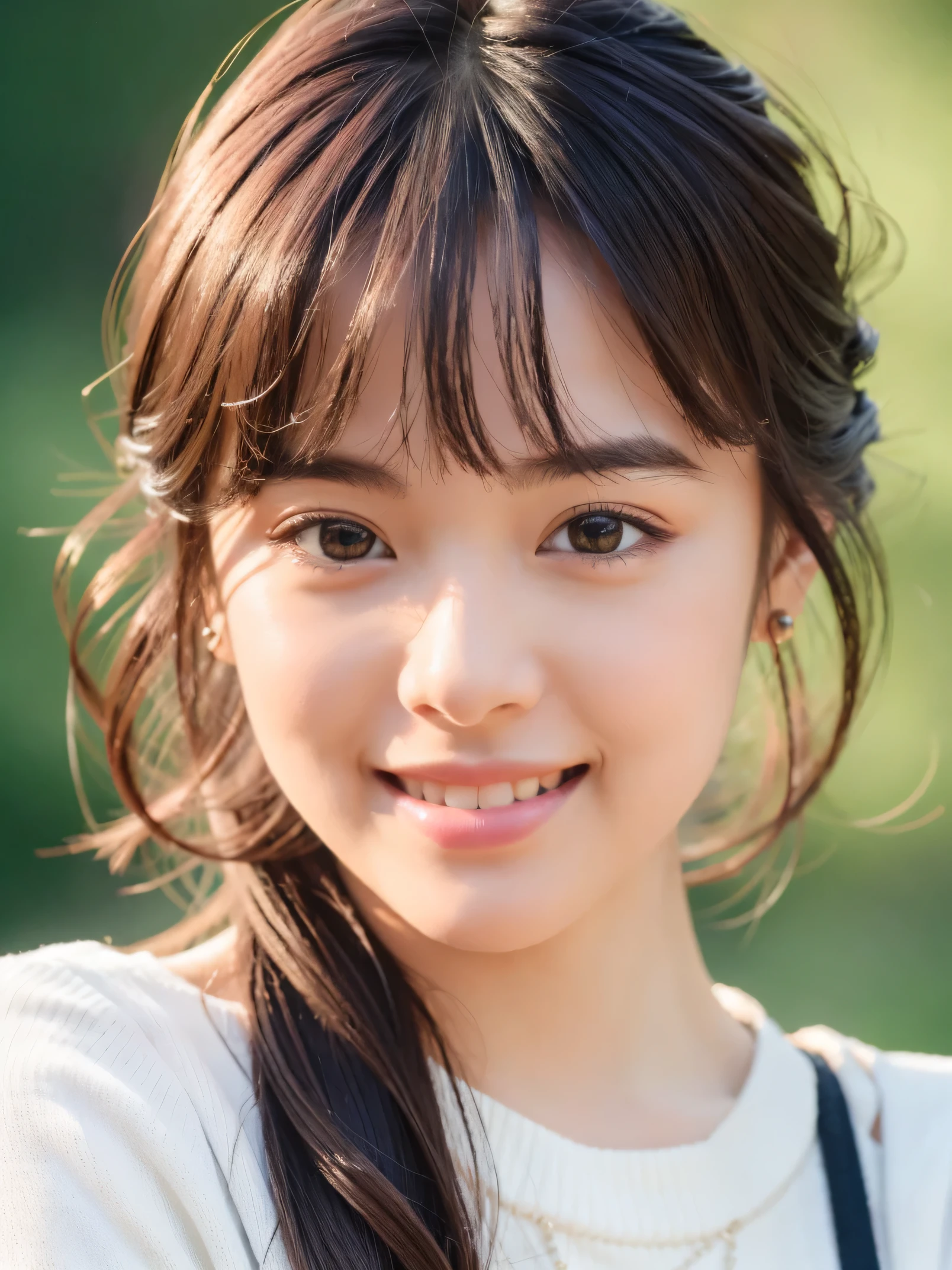 masterpiece, highest quality, RAW photo, realistic, smile, beautiful girl, cute, delicate girl, hair up, written boundary depth, High resolution, Super detailed, detailed, 非常にdetailedな目と顔, realistic student, sharp focus, cinematic lighting, Upper body, bangs, knit sweater,