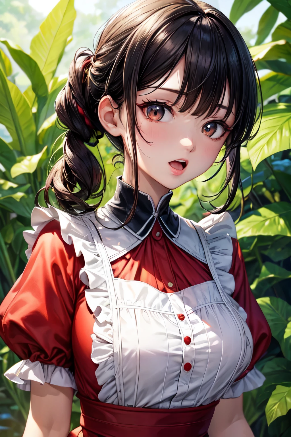 (8K, best quality, master piece: 1.2), ultra high resolution,extremely detailed,ultra-detailed face,detailed eyes,brown eyes,surprised,open mouth,BREAK,half updo,blunt bangs,Jet black hair,BREAK,white apron,frills,red dress,((many green mantises on the apron)),wariza,sun light,forest echo