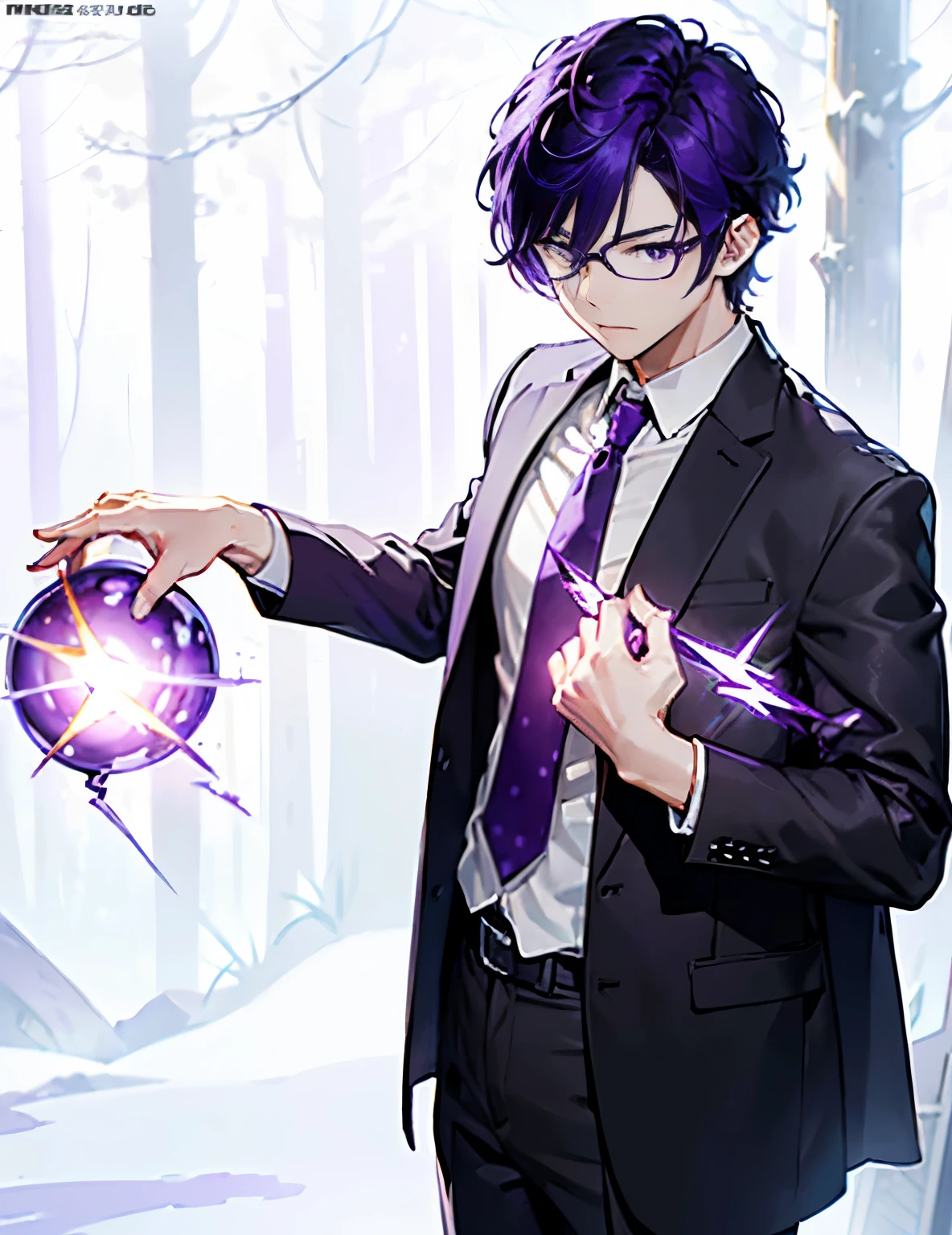 masterpiece,best quality,highest quality,ultra detailed,extremely detailed,highres,official art,high-resolution,4K,8k,UHD,detail eyes, detail face, dramatic angle, dynamic angle, best illuminate, best shadow, best illustration、
one man、suit。Long red tie with pink polka dots、place one hand on the iron sphere、short black hair、((Hair stands on end))、Rimless glasses、small black eyes、Silver watch、(In the bright forest)、In combat、((A purple flash is coming out of my hand.:1.5))、half open mouth、Desperate look,