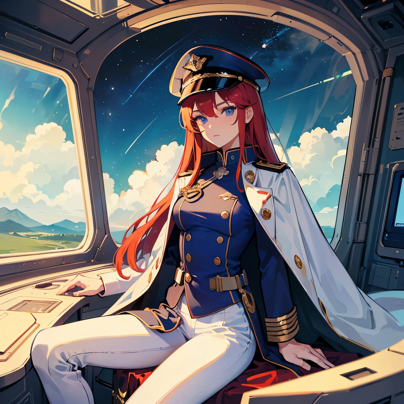 ((Masterpiece)), ((Highest Quality)), ((Best Quality)), (Illustration of One Girl), Full Body, 25 Years Old, Long Red Hair, (Thin Hair on Both Sides of the Face), Blue Eyes, (Tall)), ((Muscular Strong Body)), (Manspreading)), Open Legs, (((Military Uniform)), (Military Hat)), ((Military Coat)), (White Clothes), (White Pants), (White Hat), Trench Coat, ((Inside the spaceship, sitting in the captain's seat)), (outside the window, space, Earth seen from space, spaceport)