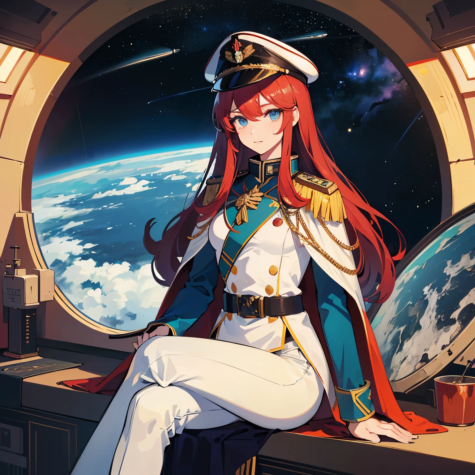 ((Masterpiece)), ((Highest Quality)), ((Best Quality)), (Illustration of One Girl), Full Body, 25 Years Old, Long Red Hair, (Thin Hair on Both Sides of the Face), Blue Eyes, (Tall)), ((Muscular Strong Body)), (Manspreading)), Open Legs, (((Military Uniform)), (Military Hat)), ((Military Coat)), (White Clothes), (White Pants), (White Hat), Trench Coat, ((Inside the spaceship, sitting in the captain's seat)), (outside the window, space, Earth seen from space, spaceport)
