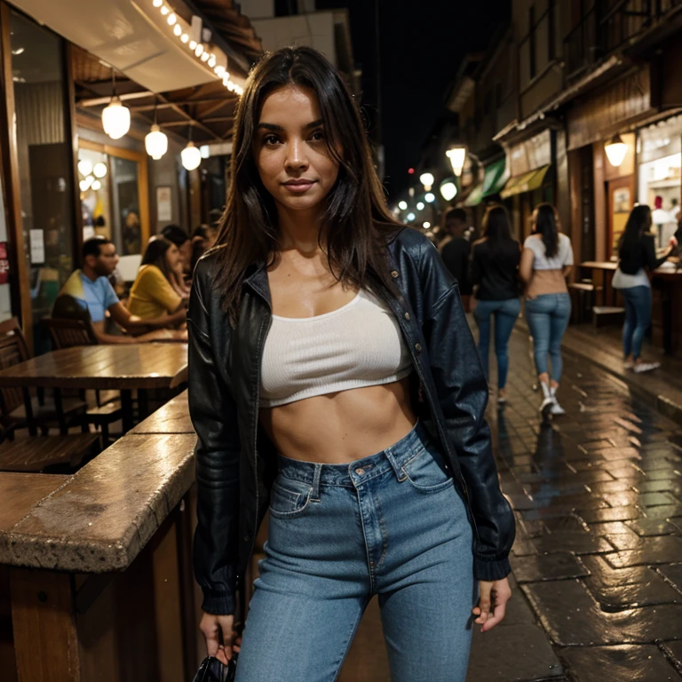 Modelo brasileira, friendly about 20 years, sorrir, academia, coffee shop, Outside, Rua, Rua outfit, roupas casuais chuva, cabelo molhado, guarda chuva, water, nuvem, nublado, Denim Jeans Pants, spontaneous black jacket, andando pela rua, passeando a noite, bar, cerveja 