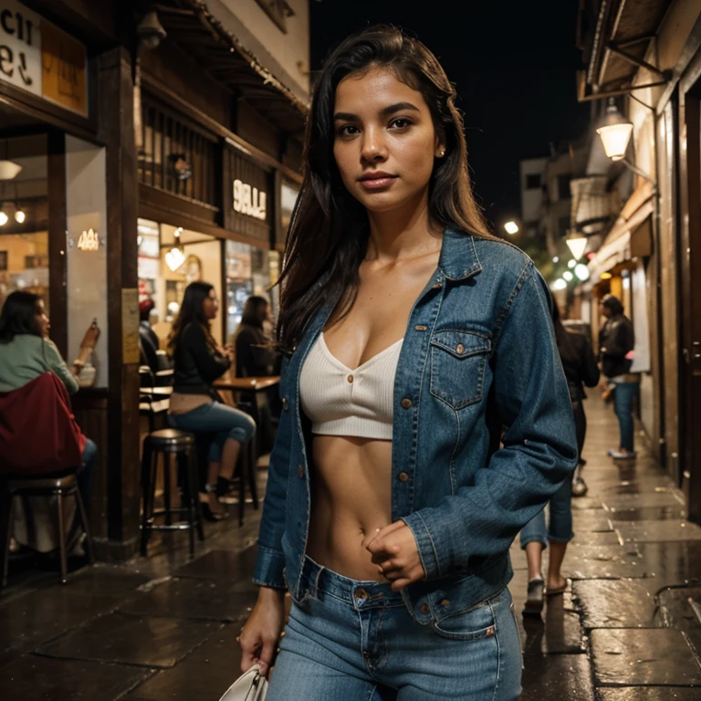 NSFW, Foto RAW, um retrato de uma brasileira de 20 anos em roupas casuais, noite, rua da cidade, (pele altamente detalhada: 1.2), 8k uhd, dslr, soft-lighting, alta qualidade, grain of film, Fujifilm XT3