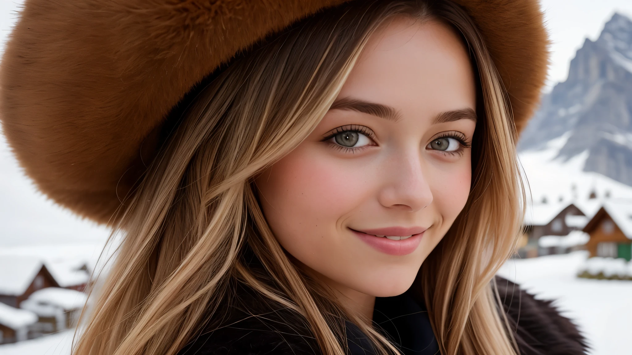 Instagram pictures, 1French Girl, Shoulder length hair, with light blonde hair, Close-up photo, coat, The background is the village of Grindelwald...., Switzerland, smile a little,