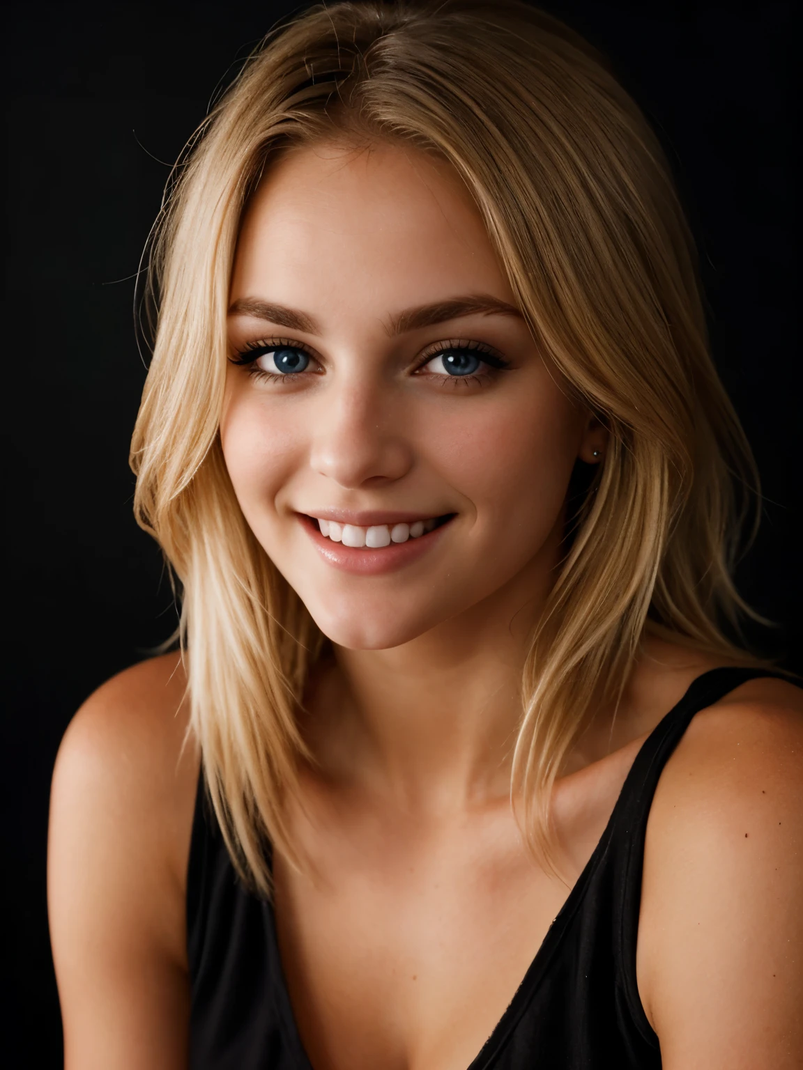 a closeup dark upper body shot photo of a blonde with perfect eyes, smile, dark background
