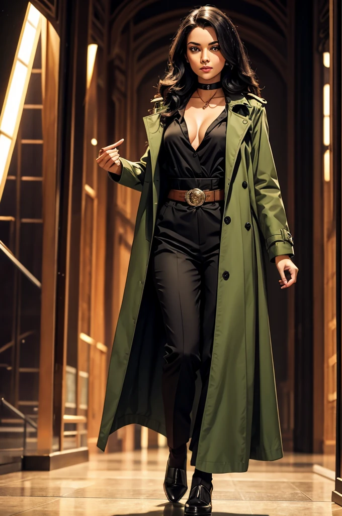 female wearing a black closed buttoned up black trench coat from the 1930's style, 5 foot 5 inches tall, slim body build, waist-length wavy brunette black hair, bright green eyes, 28 age, ethnicity india, ethnicity middle eastern.