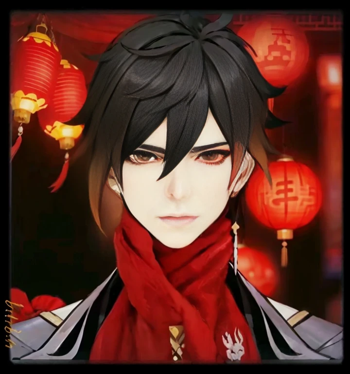(best quality,4k,8k,highres,masterpiece:1.2),ultra-detailed,(realistic,photorealistic,photo-realistic:1.37),red tag,characters from anime with red scarf,red lantern background,keqing from Genshin Impact,zhongli from Genshin Impact,heise jinyao,handsome Chinese boy,inspired by Masanobu Okumura,Genshin Impact characters,inspired by Bian Shoumin,admired for his handsomeness and demon-slaying skills,anime boy,Genshin Impact.