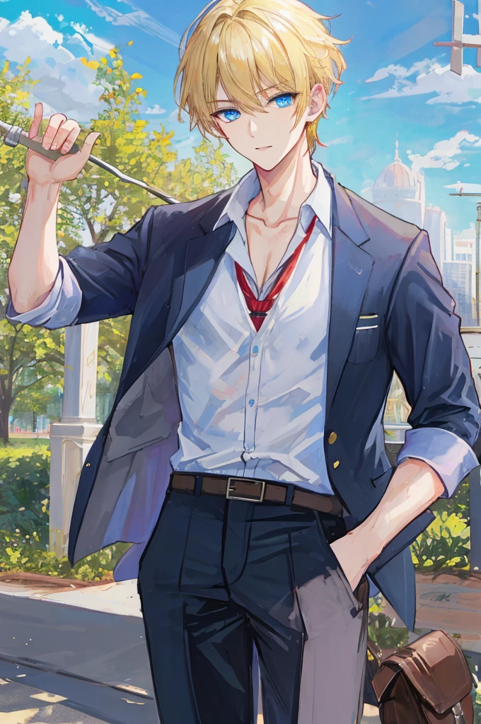 a handsome man,adult,blond,blue eyes,clavicle,school uniform,See above the calf,park background,(masterpiece),(highest quality),