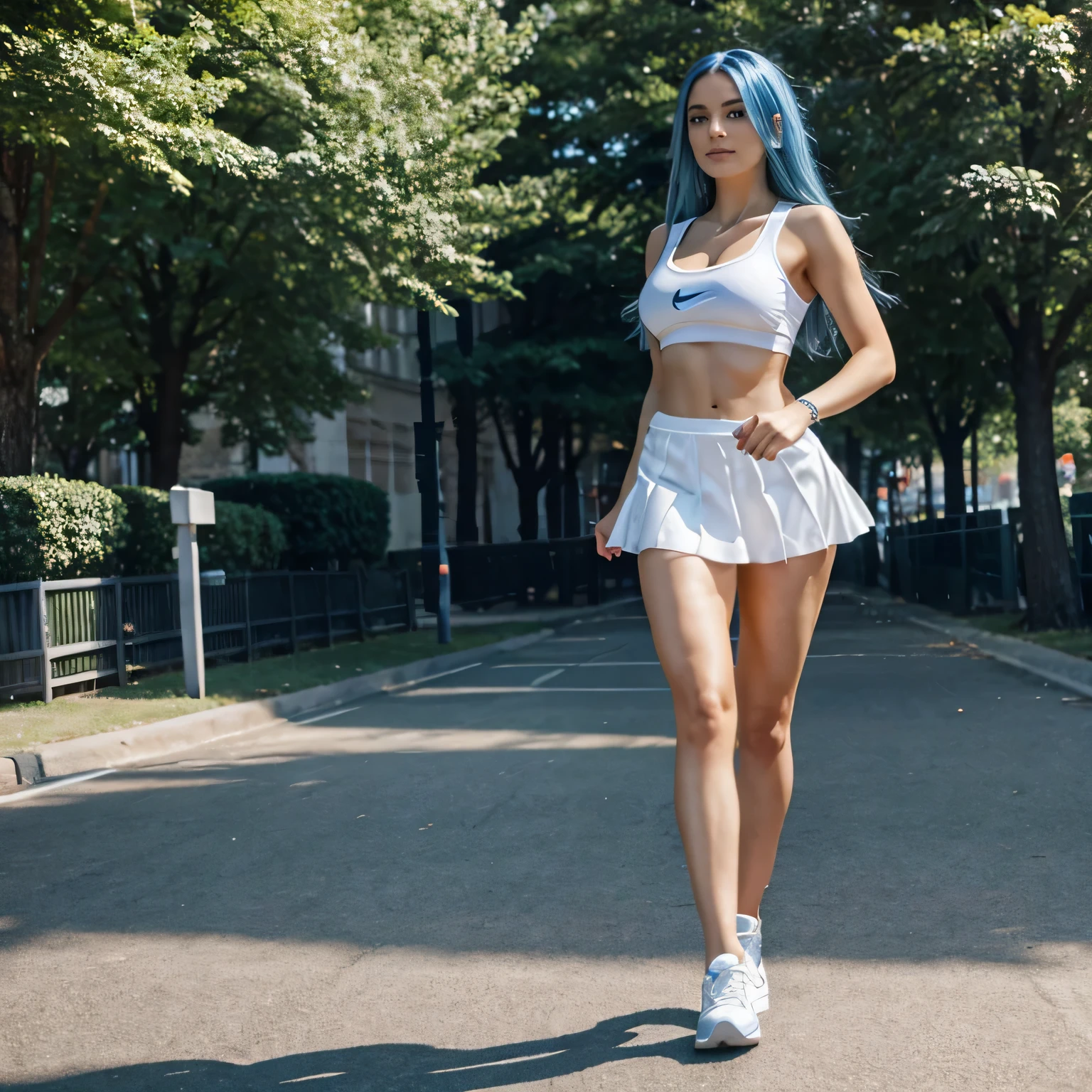 1girl called Aria Luxe, white croatian girl,very beautiful, long blue hair, blue hair highlights, silver hair highlights, large_breasts, cleavage, athletic figure, fit body, athletic, white and short tennis skirt, white tanktop, midiff showing, nike tennis shoes, jumping, running, full body photo, full_body, sunny, outside, green park, 105mm