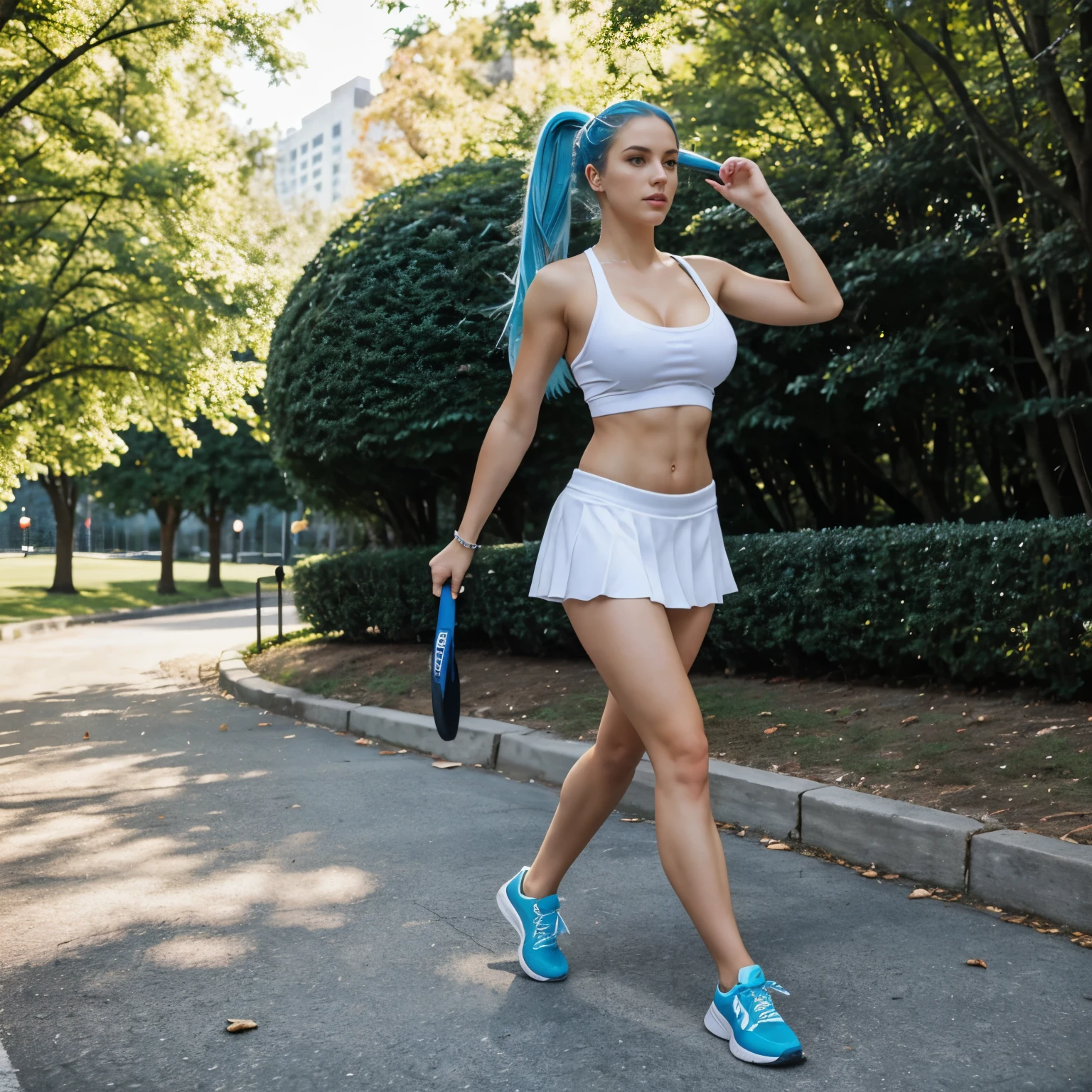 1girl called Aria Luxe, white croatian girl,very beautiful, long blue hair, blue hair highlights, silver hair highlights, large_breasts, cleavage, athletic figure, fit body, athletic, white and short tennis skirt, white tanktop, midiff showing, nike tennis shoes, jumping, running, full body photo, full_body, sunny, outside, green park, 105mm