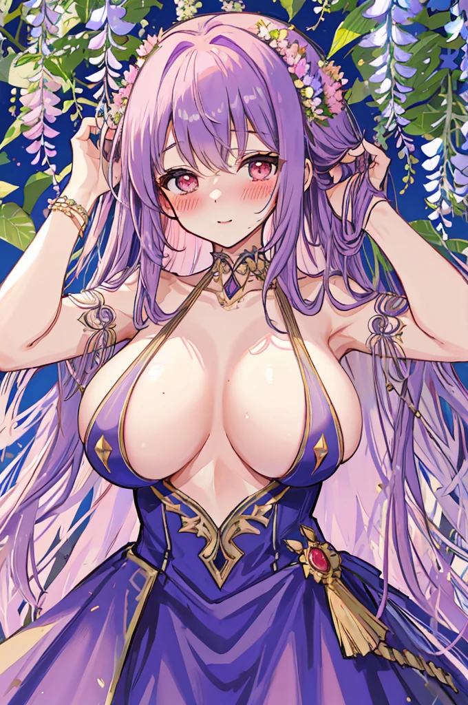 A woman with big ,goddess,Noble and elegant,clavicle,tulle dress,Prominent and smooth underboob,exquisite,pubic,innominate bone,(blush:1.2),Under the wisteria flowers,