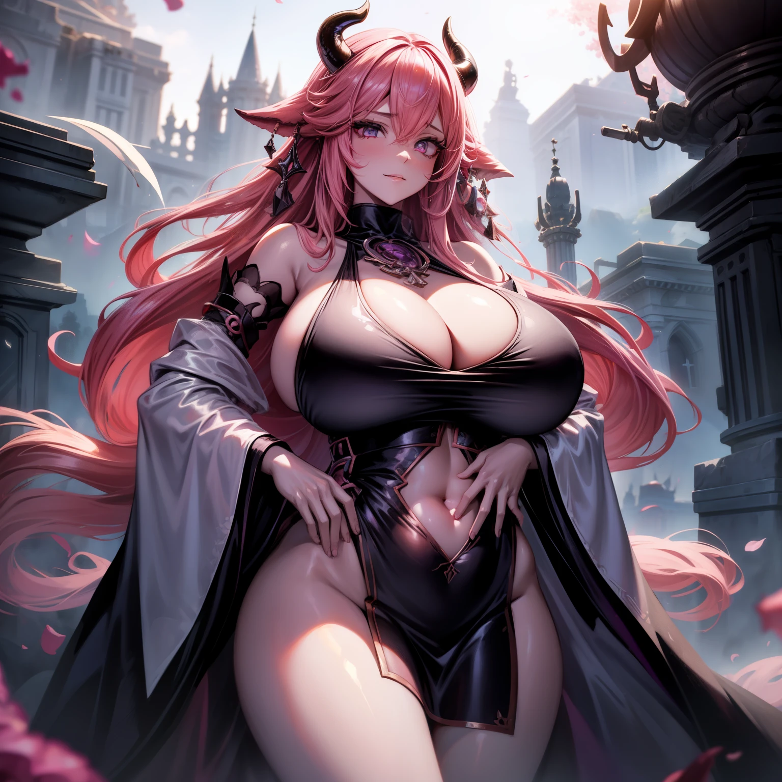 A female demon milf with black demon horn with wet dress, ????????????????? getting wet, visible belly button, visible belly, ((demon horn)), extremely long pink rapunzel hair, ((Rapunzel pink hair)), white eyes of the devil., ((white eyes)), voluminous body with ???????????? and bust, ((??????????? and bust)), Magnificent beautiful bright cathedral, wicked and empty look, no shine in the eyes, looking at the viewer, prominently on your legs and ???????;, highlighting ??????? and hair, ???? pose, sexualized pose, realistic ?????? grip, sysie high definition details, photography, insight, Unique 850 4, Koda850 k portrait camera, Spring F1.6 , rich colors, super realistic texture, spectacular light texture, surreal art, Cinestil 800 fashion mechanism